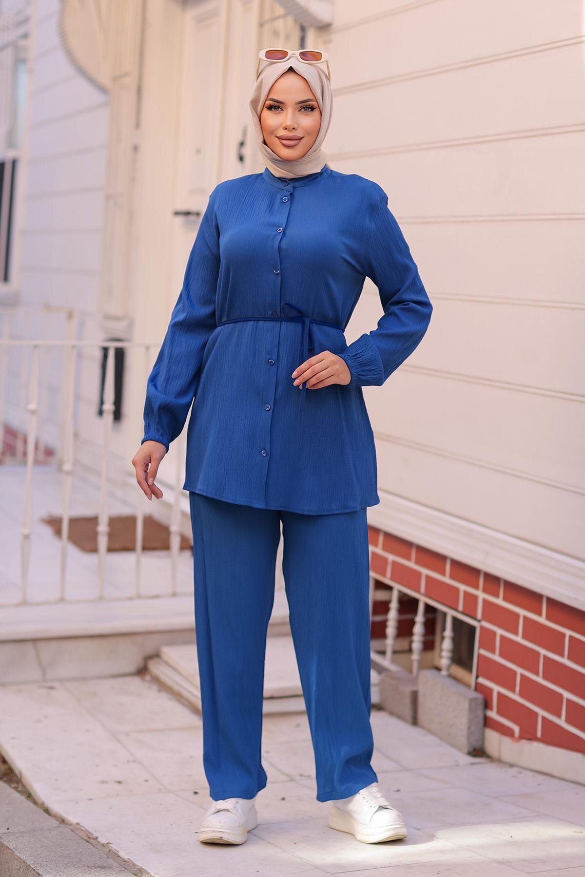 Two-piece Mandarin Collar Modest Set - Indigo - Misskayle