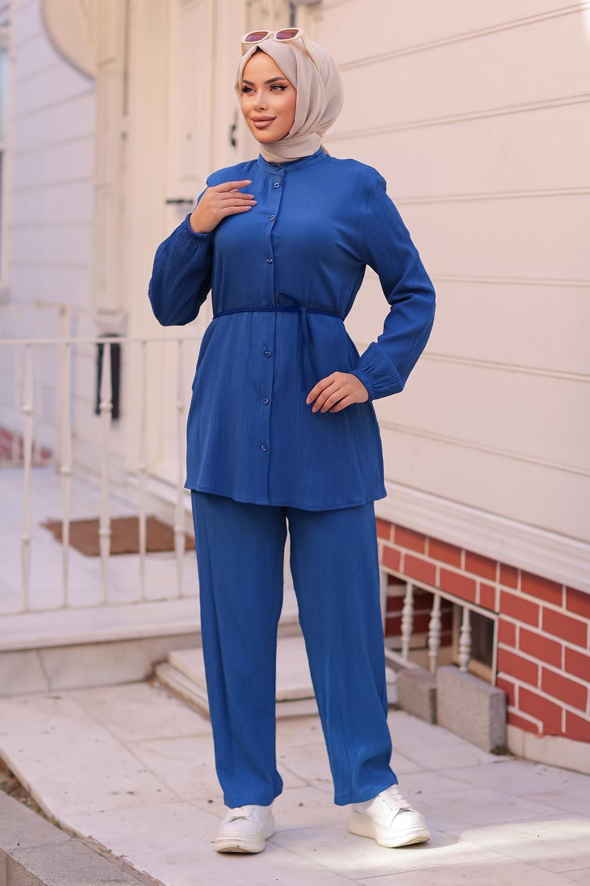 Two-piece Mandarin Collar Modest Set - Indigo - Misskayle