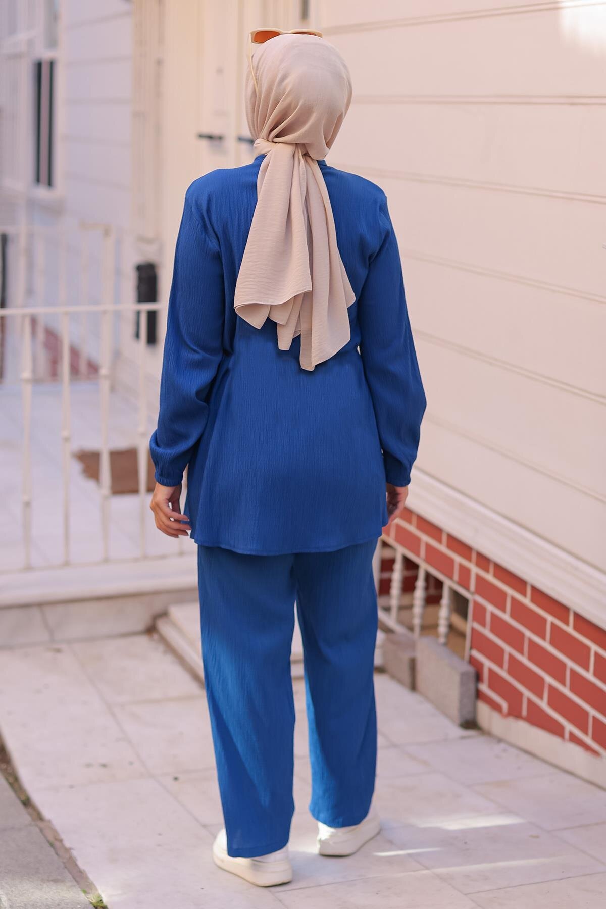 Two-piece Mandarin Collar Modest Set - Indigo - Misskayle