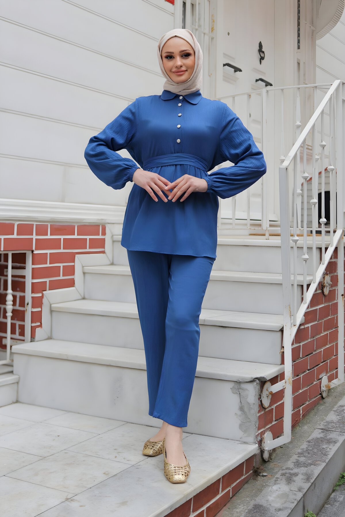 İndigo Tesettür Taş Düğme Detaylı İkili Takım - Misskayle
