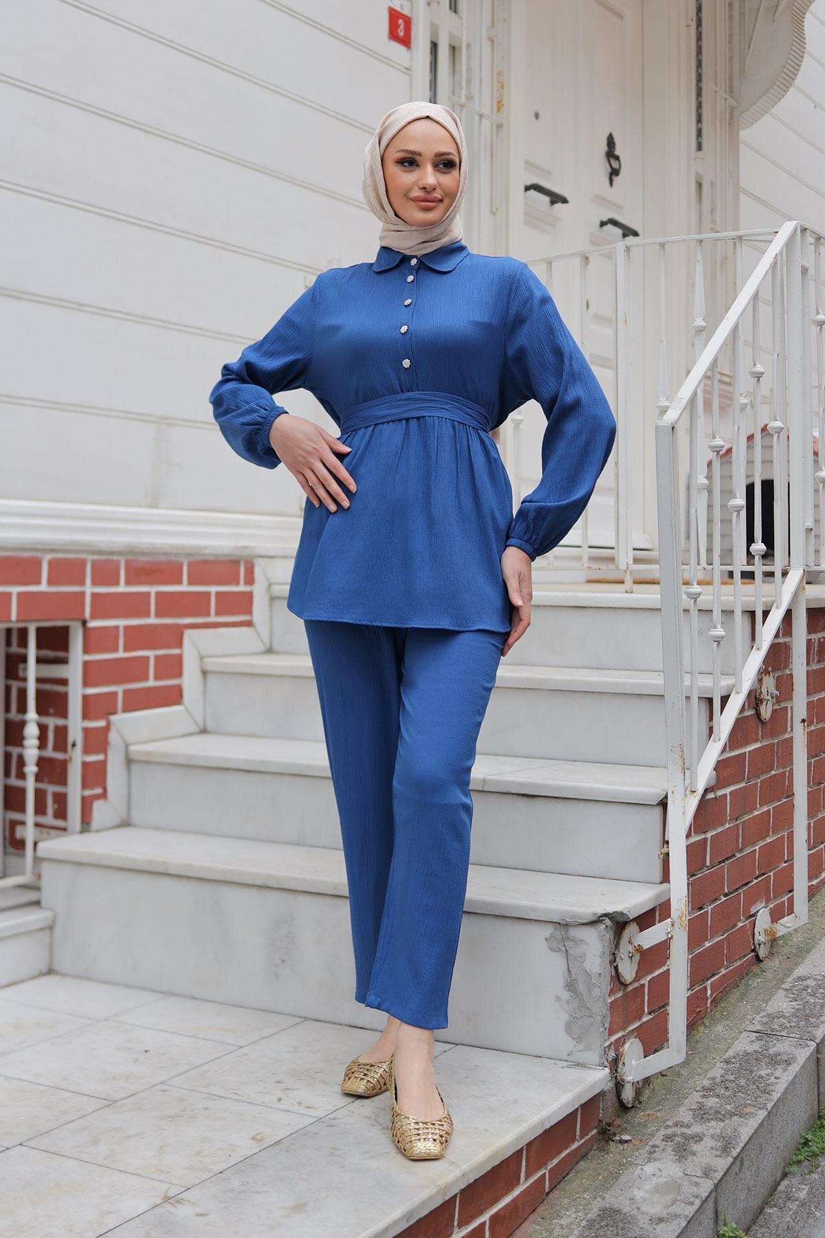 Modest Stone Button Detail Two-Piece Set - Indigo - Misskayle