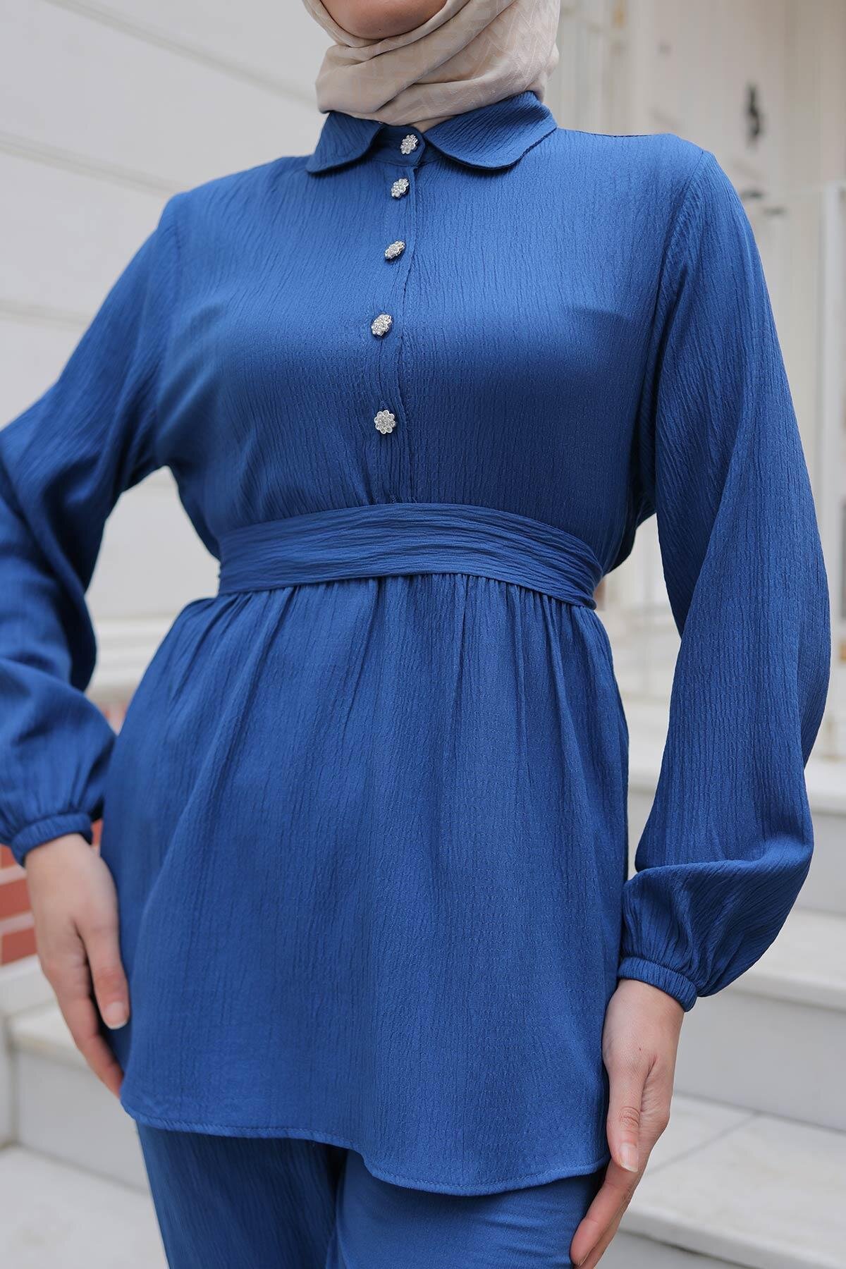 Modest Stone Button Detail Two-Piece Set - Indigo - Misskayle