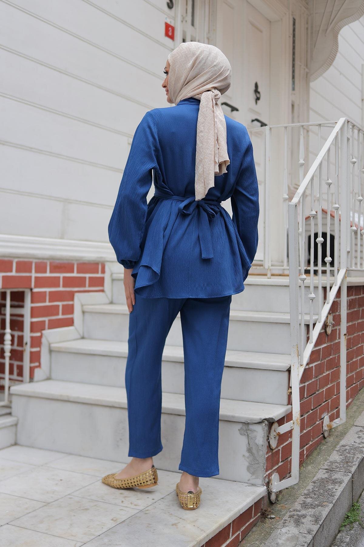 Modest Stone Button Detail Two-Piece Set - Indigo - Misskayle