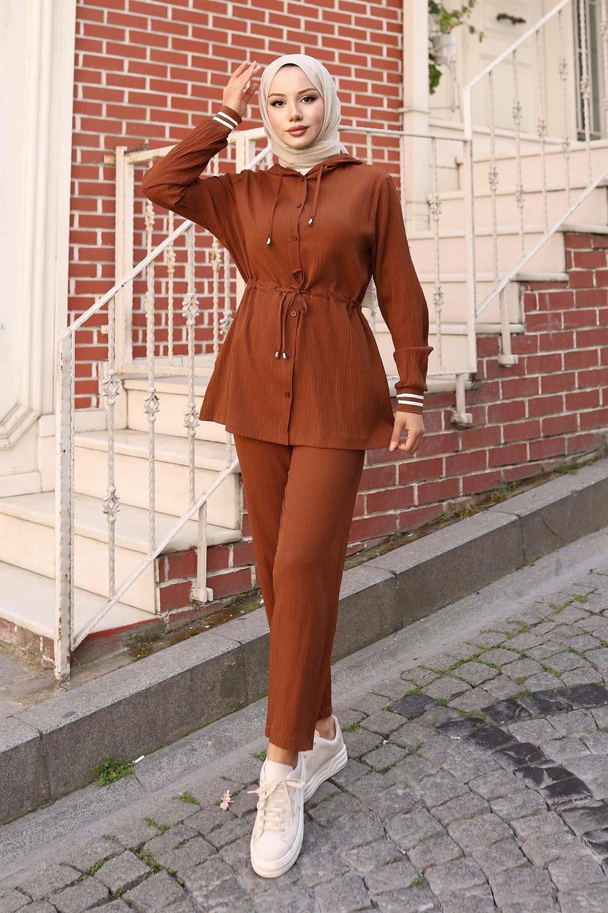 Two-Piece Ribbed-Detail Modest Set - Brown - Misskayle