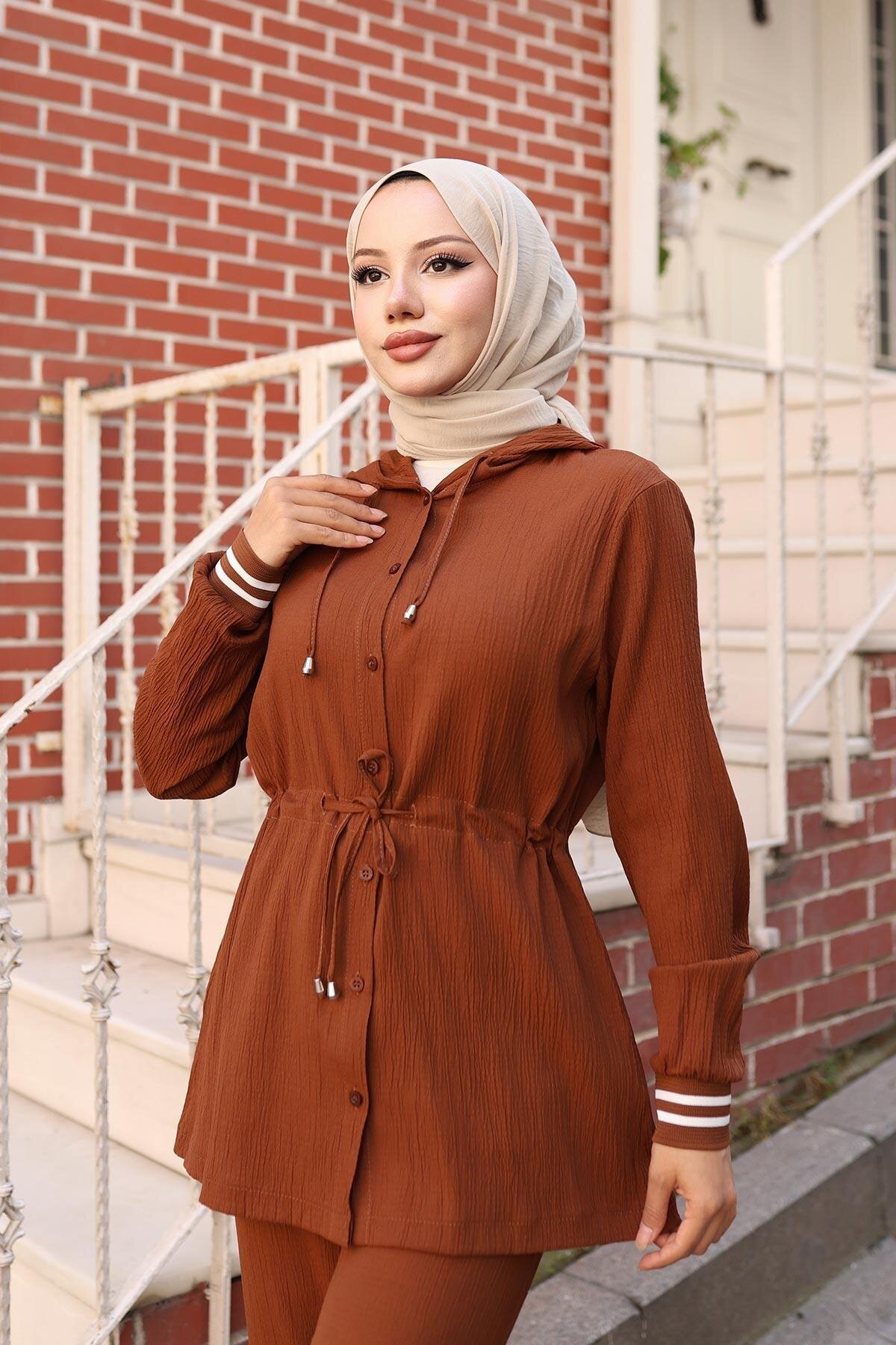 Two-Piece Ribbed-Detail Modest Set - Brown - Misskayle