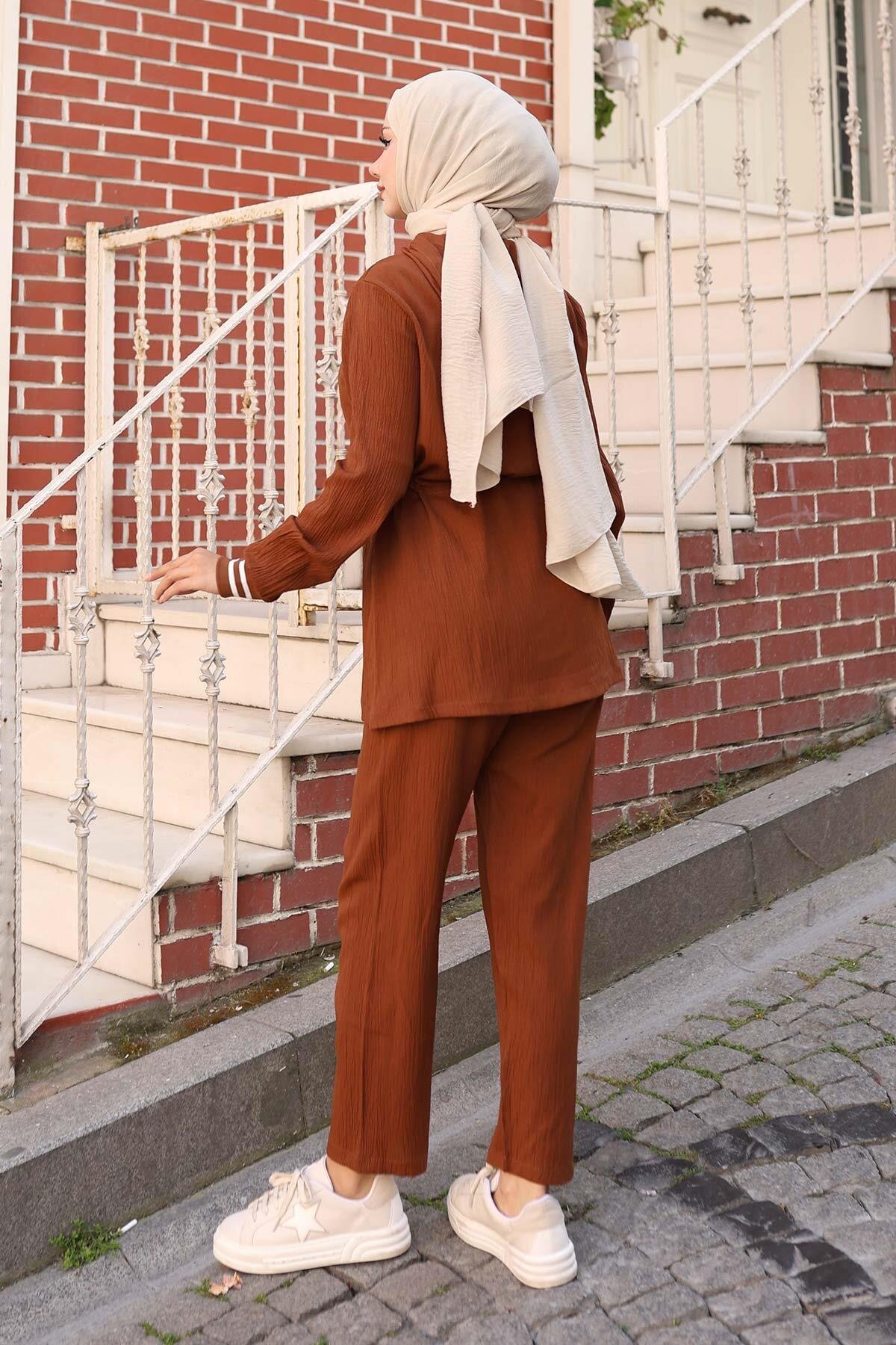 Two-Piece Ribbed-Detail Modest Set - Brown - Misskayle