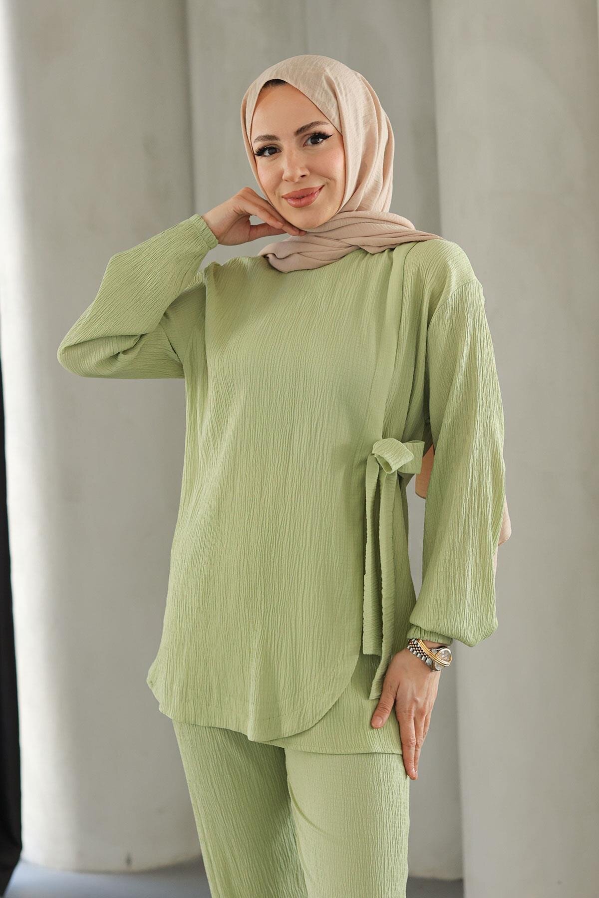 Two-Piece Modest Tie-Detail Set - Mint Green - Misskayle