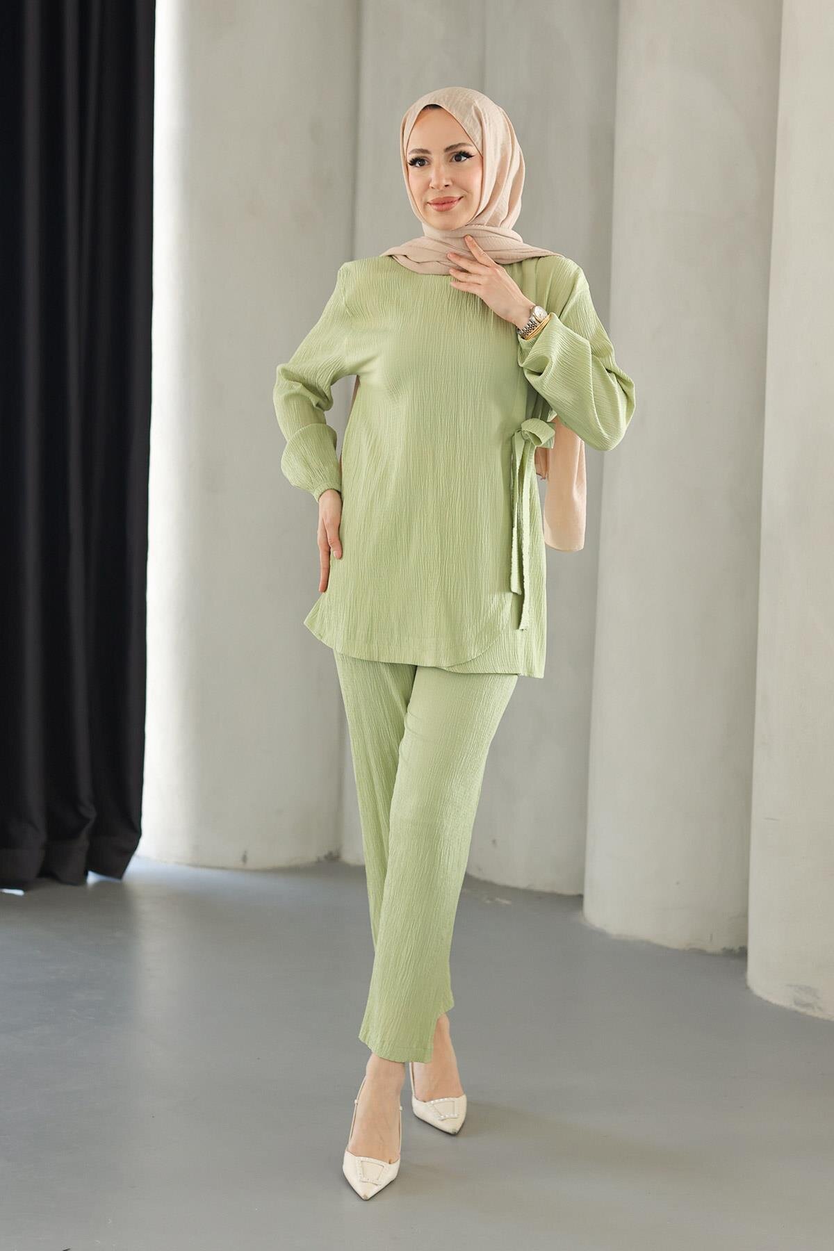 Two-Piece Modest Tie-Detail Set - Mint Green - Misskayle