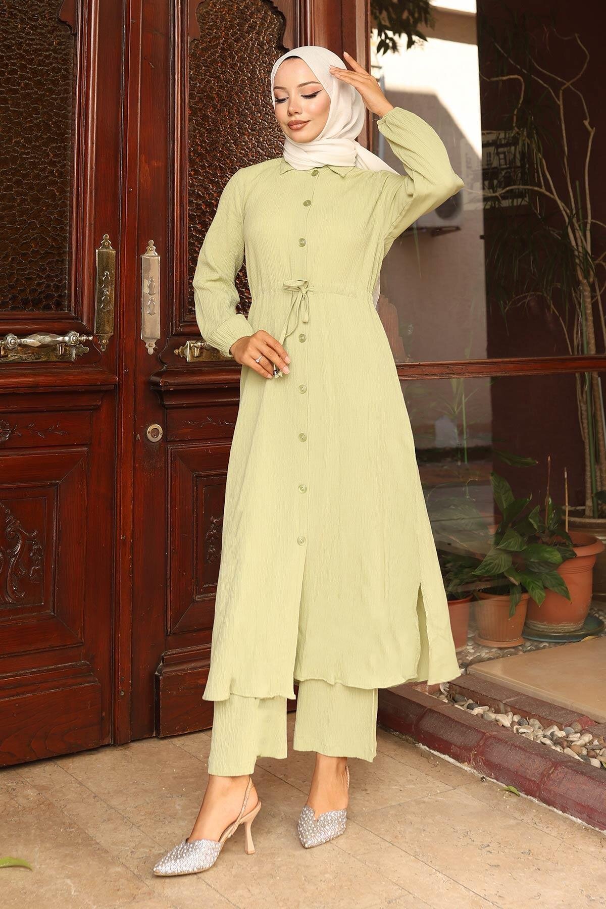Long Modest Slit-Detail Two-Piece Set - Mint Green - Misskayle
