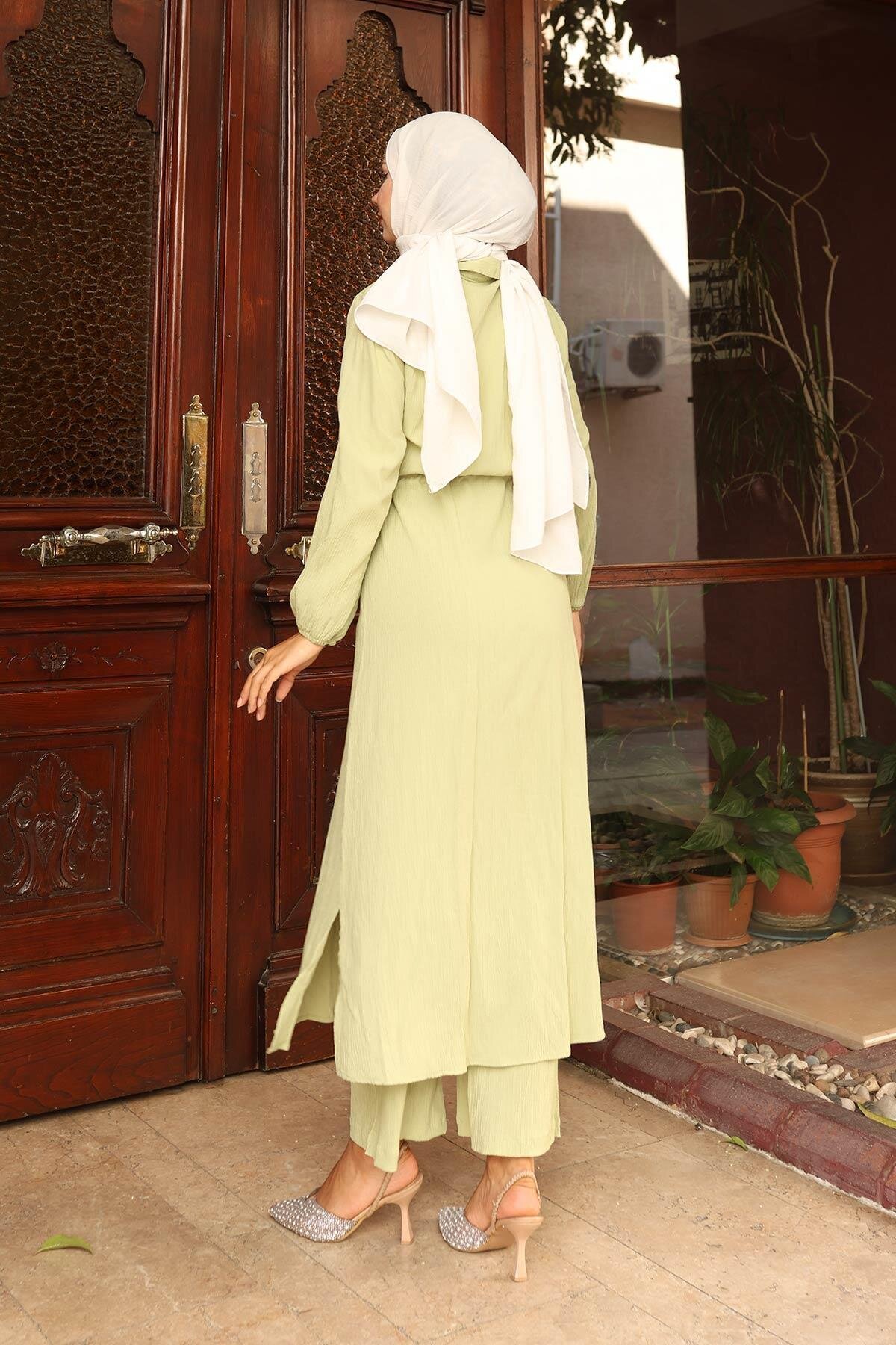 Long Modest Slit-Detail Two-Piece Set - Mint Green - Misskayle
