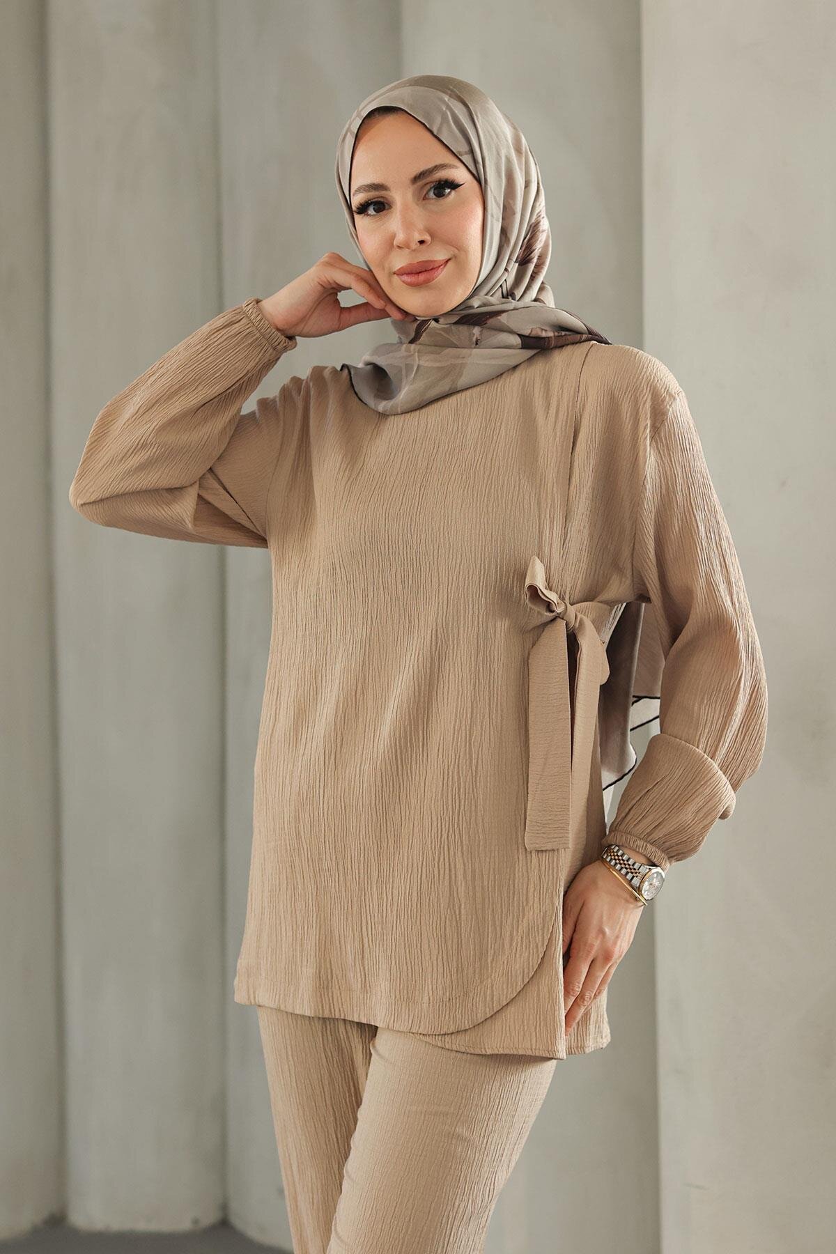 Modest Tie-Detail Two-Piece Set - Mink - Misskayle