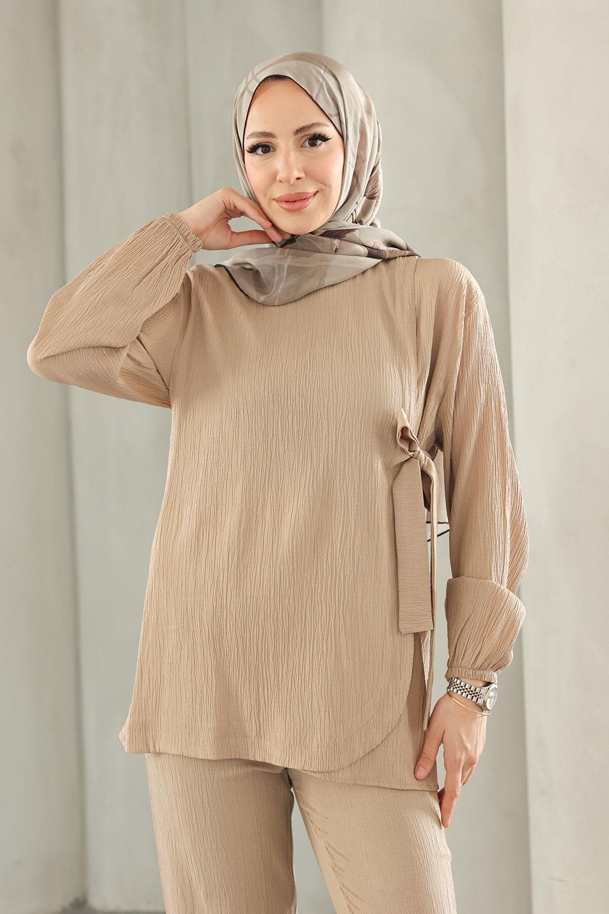 Modest Tie-Detail Two-Piece Set - Mink - Misskayle