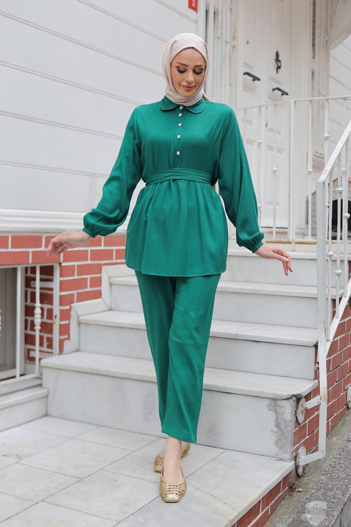 Two-Piece Stone Button Detailed Modest Set - Green - Misskayle