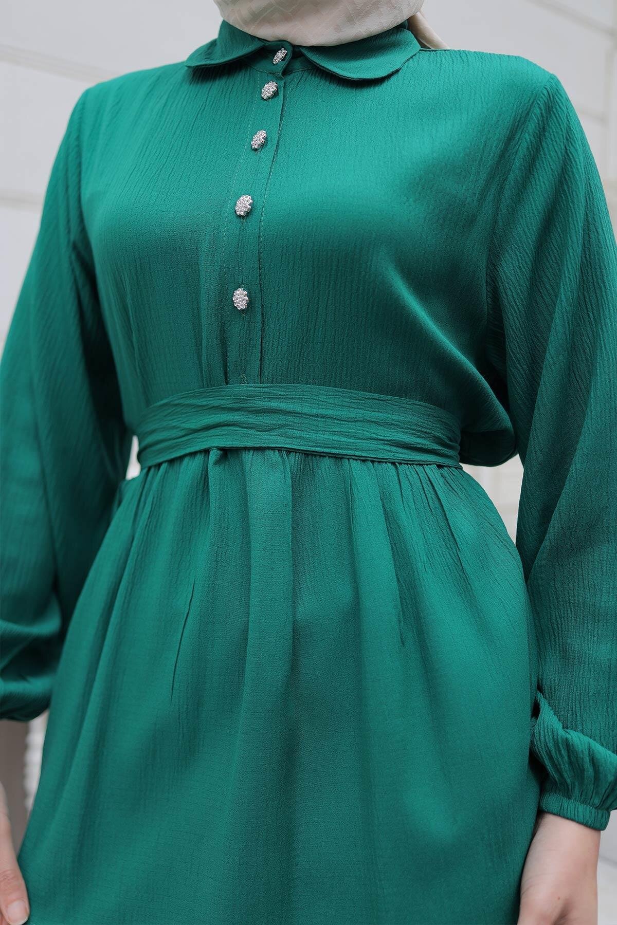 Two-Piece Stone Button Detailed Modest Set - Green - Misskayle