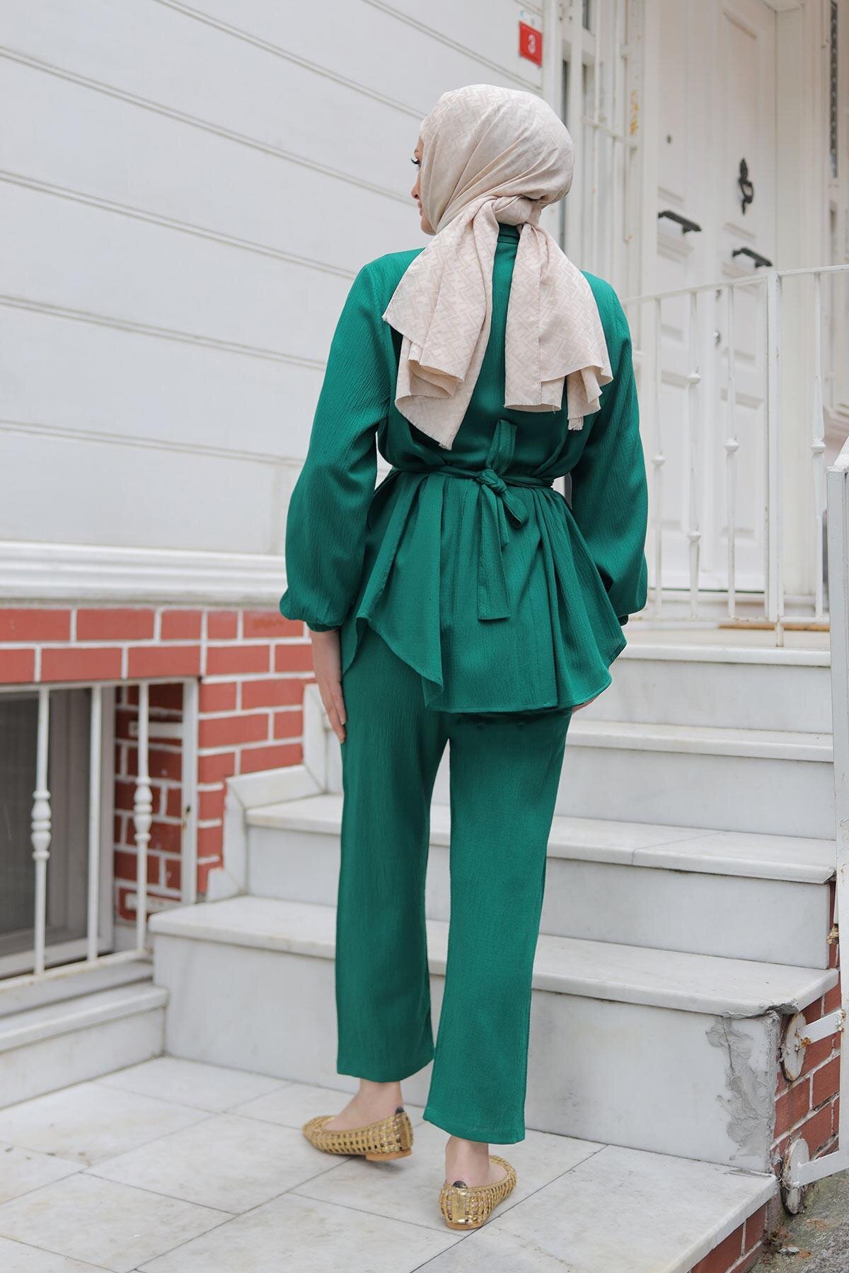 Two-Piece Stone Button Detailed Modest Set - Green - Misskayle
