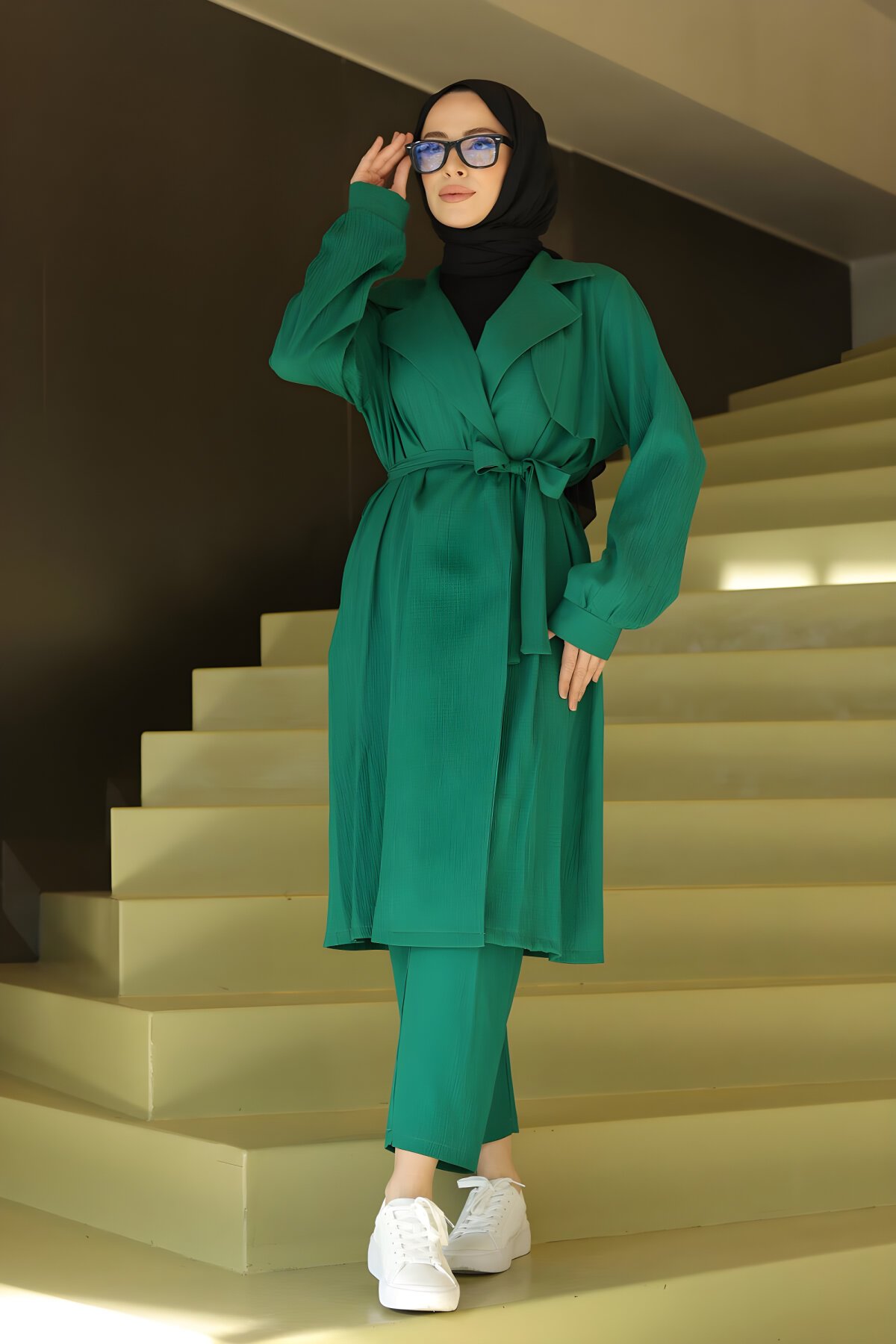 Yeşil İkili Ay Parça Detaylı Takım