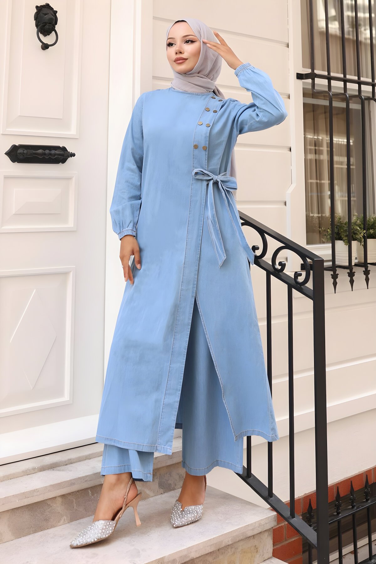 Açık Mavi Kot İkili Çıtçıt Detaylı Takım