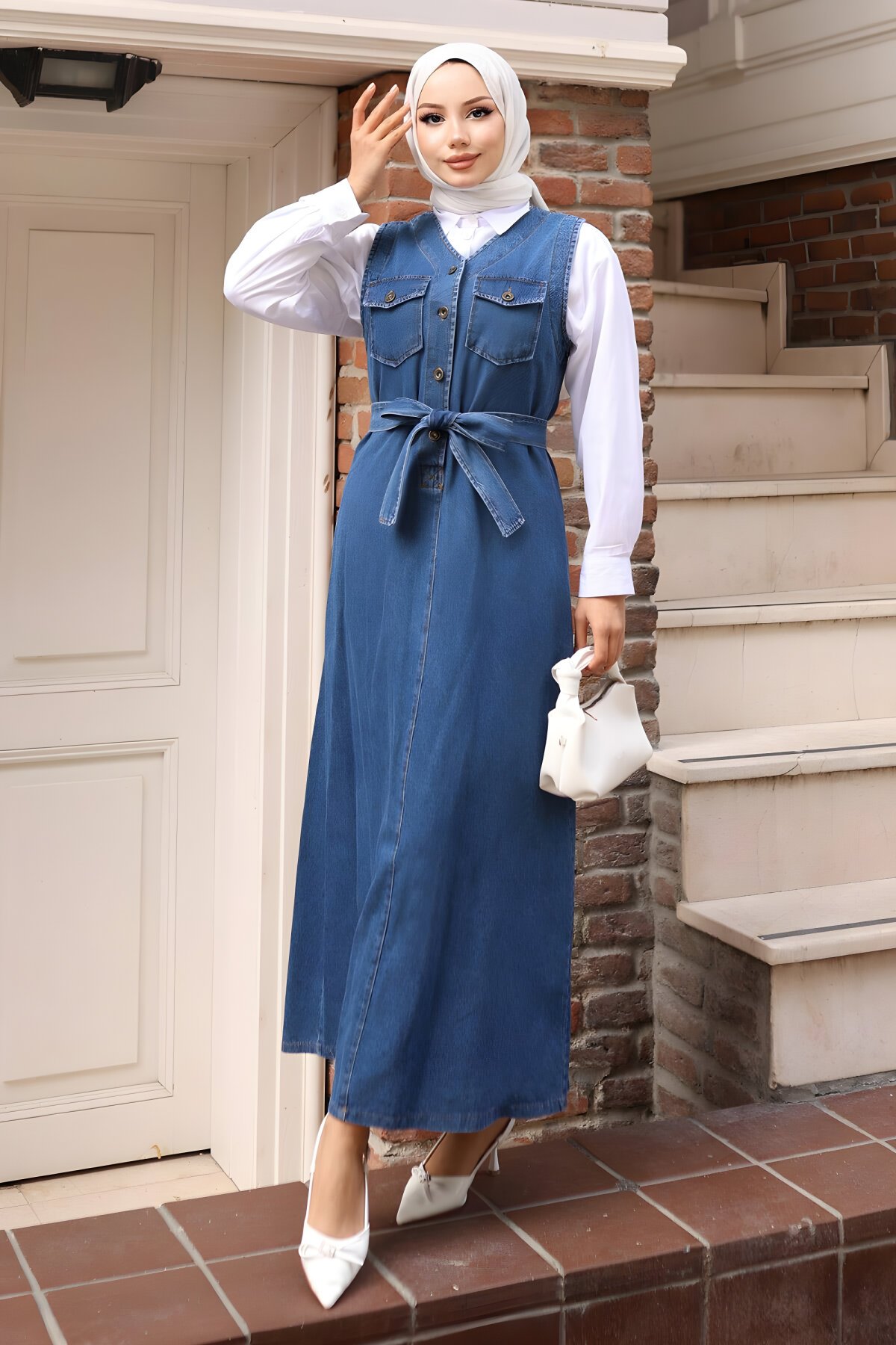 Açık Mavi Kot Kemer Detaylı Jile Elbise