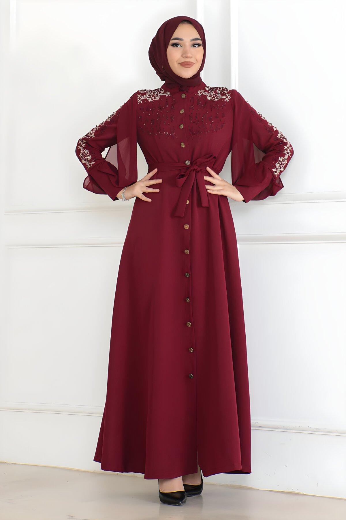 Bordo Düğme Detaylı Elbise