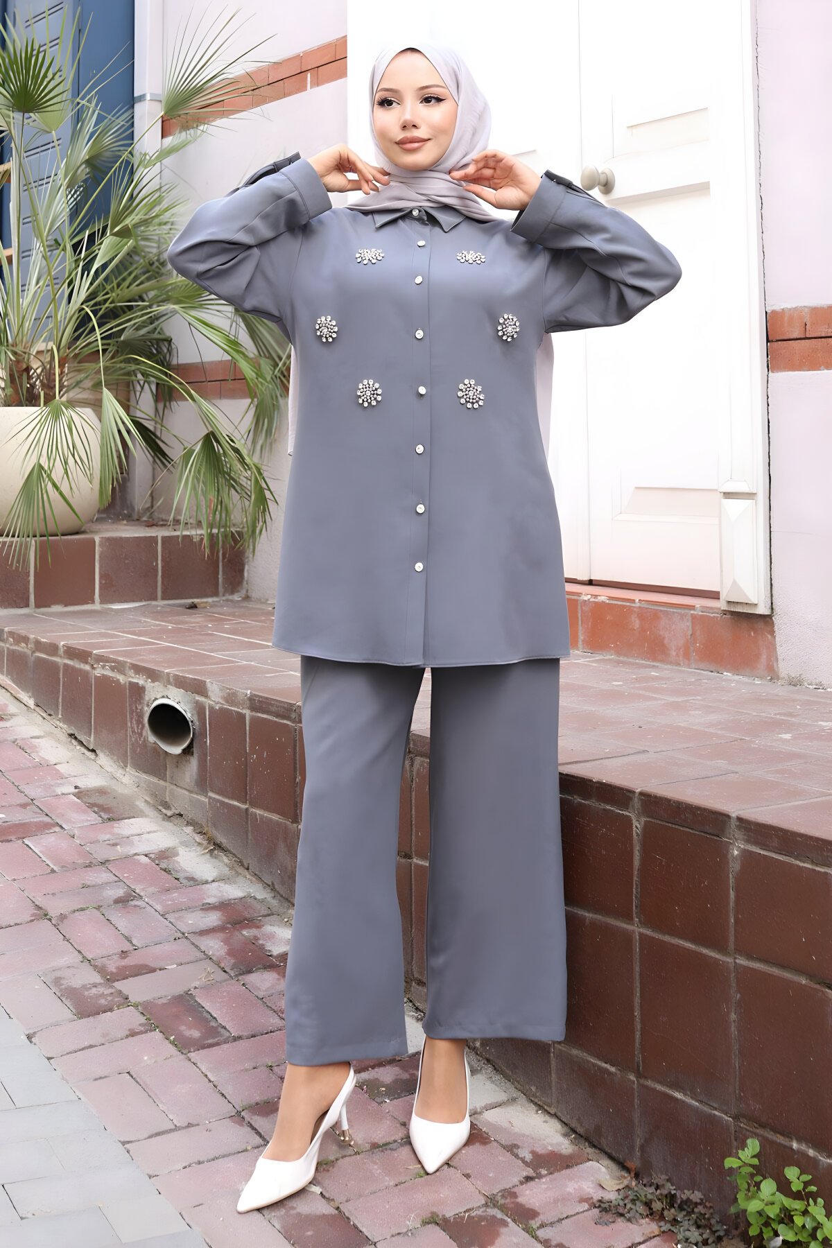 Gri Parıltı İkili Taş Detaylı Takım