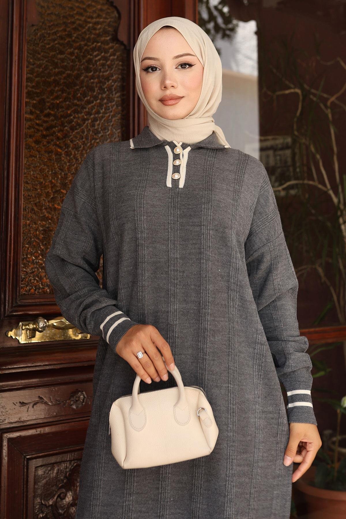 Knit Button Detail Modest Dress - Grey - Modamihram