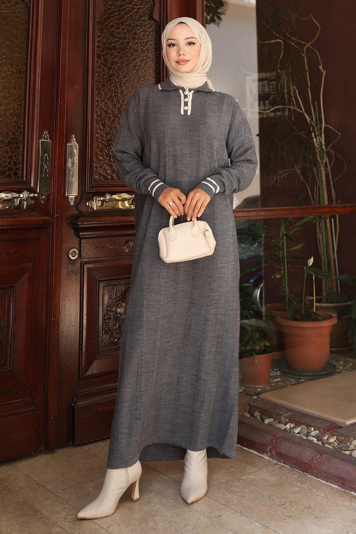 Knit Button Detail Modest Dress - Grey - Modamihram