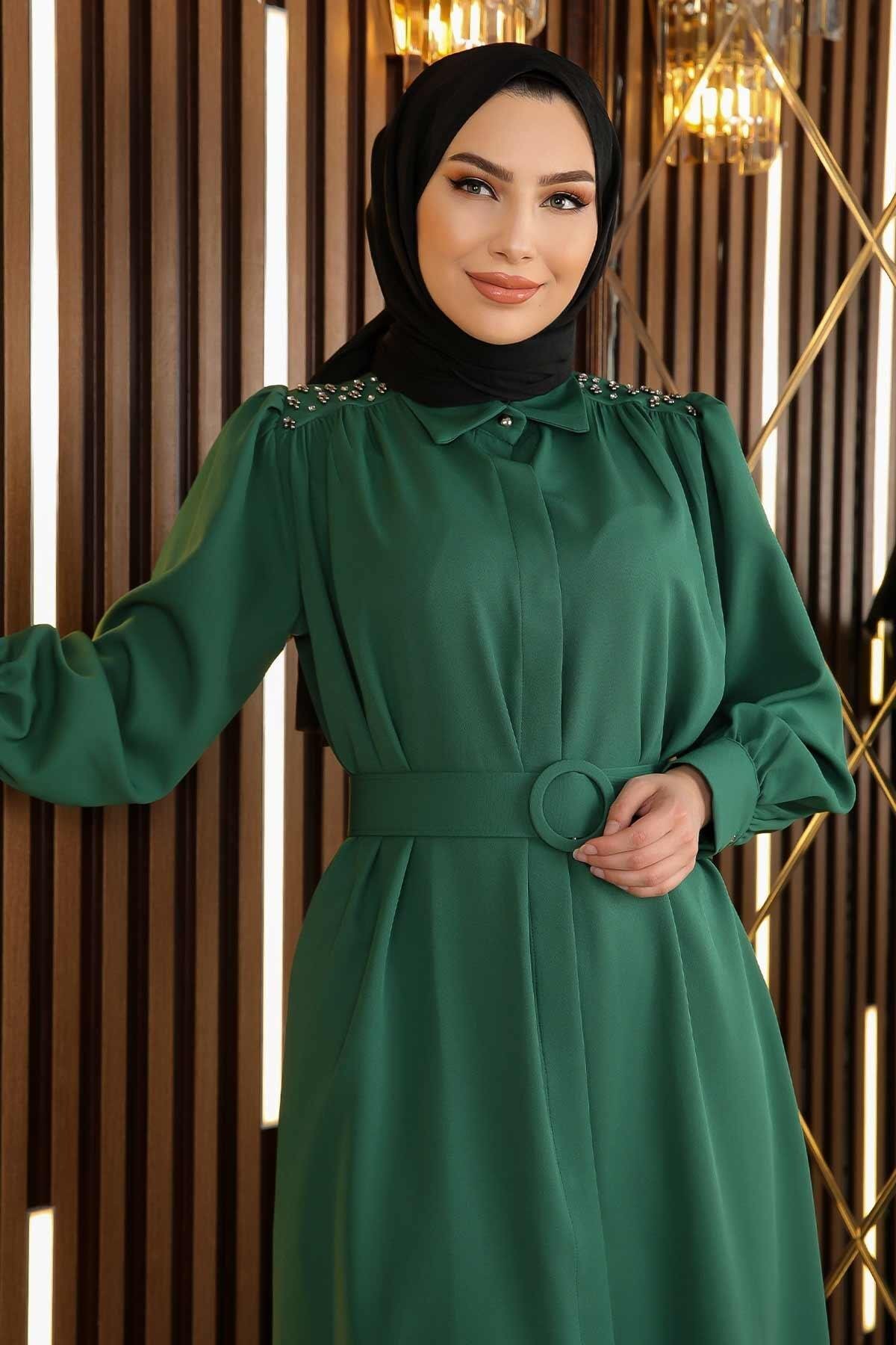 Belted Emerald Stone Detail Modest Dress - Modamihram