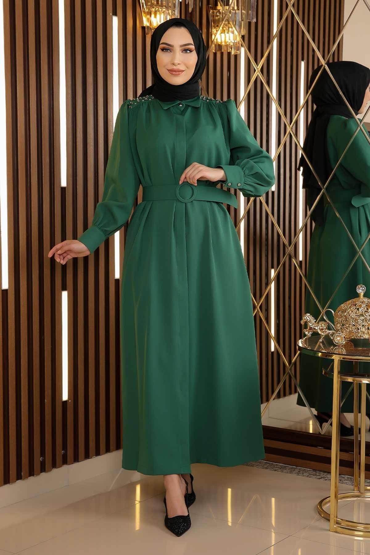 Belted Emerald Stone Detail Modest Dress - Modamihram