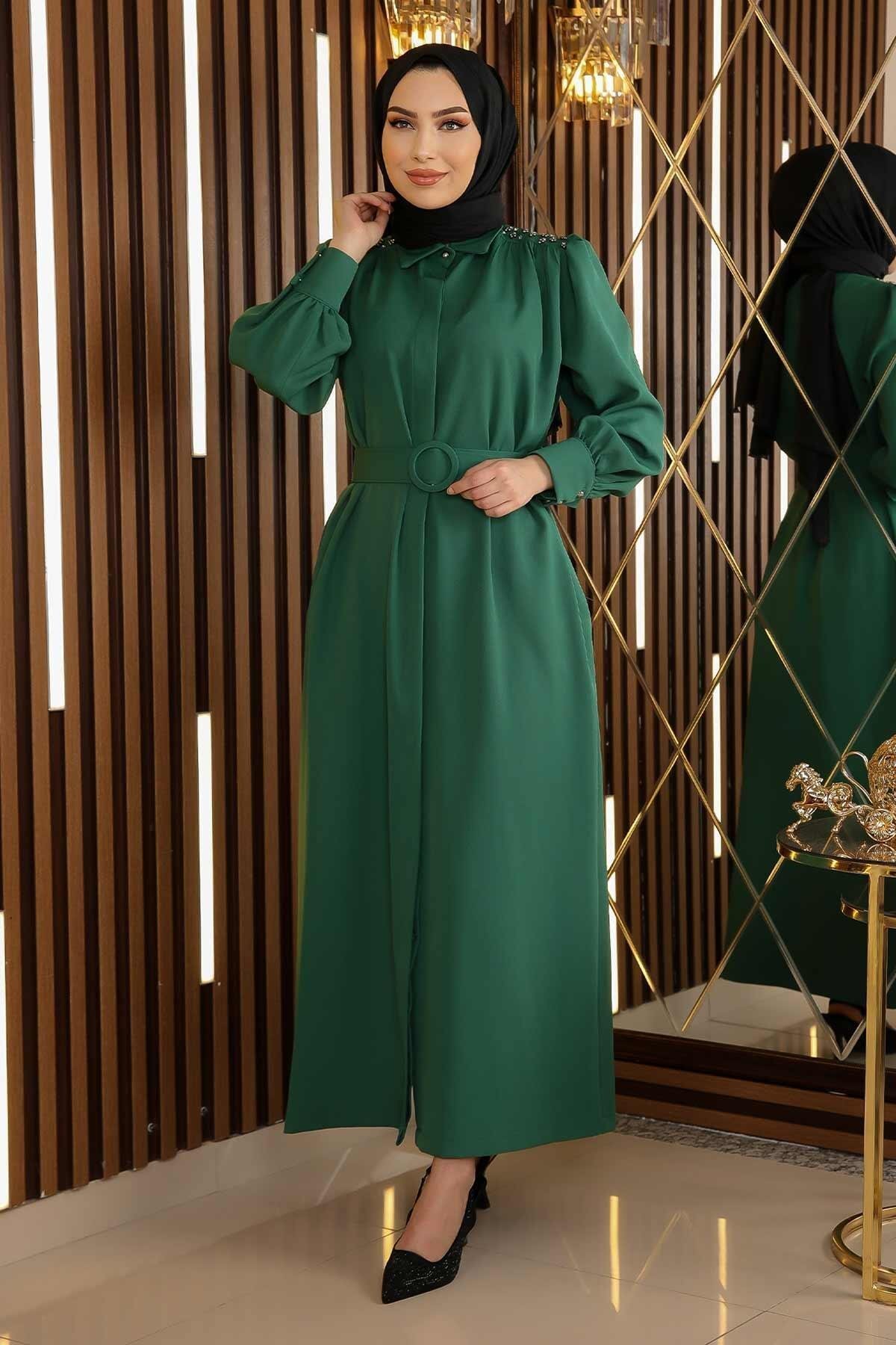 Belted Emerald Stone Detail Modest Dress - Modamihram