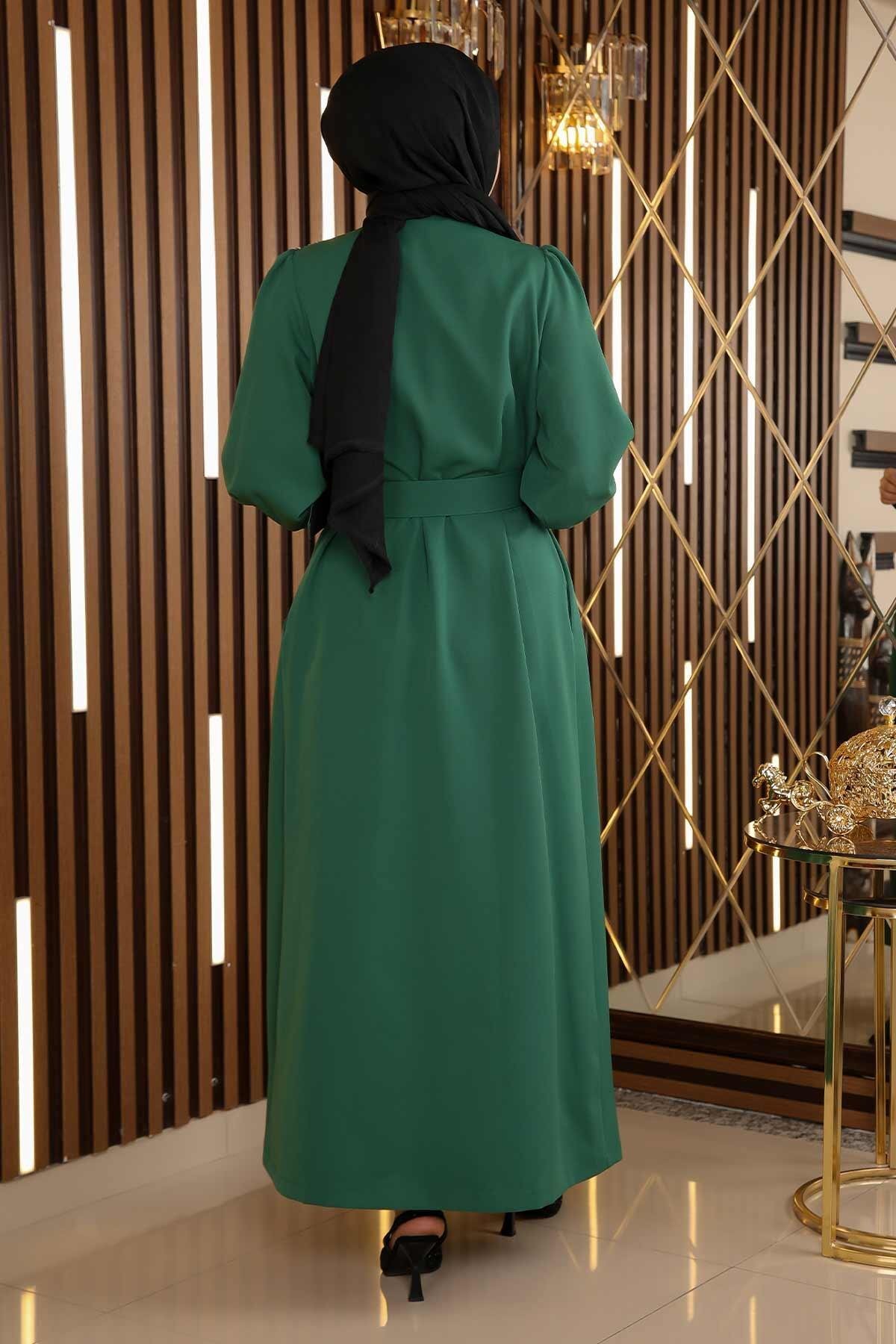 Belted Emerald Stone Detail Modest Dress - Modamihram