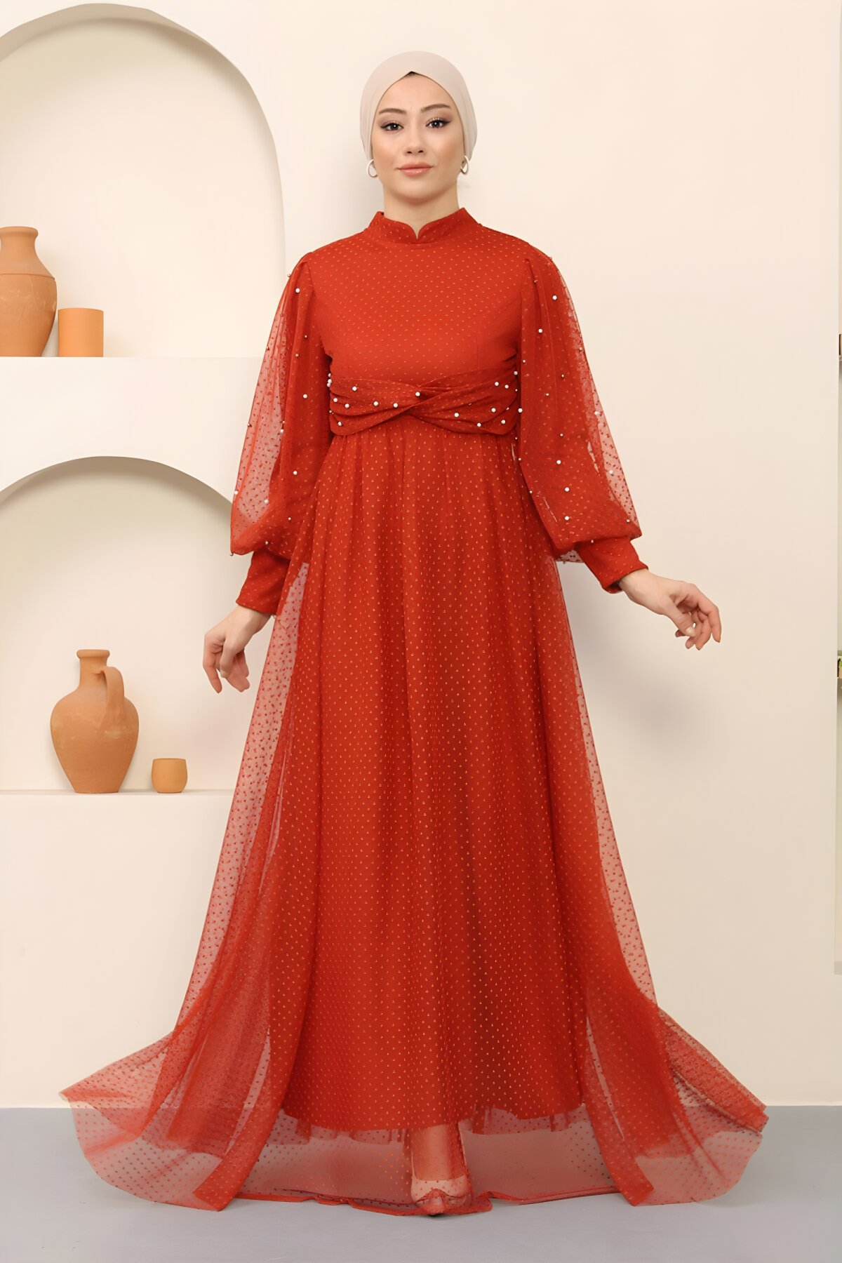 Kiremit Tül İnci Detaylı Abiye Elbise