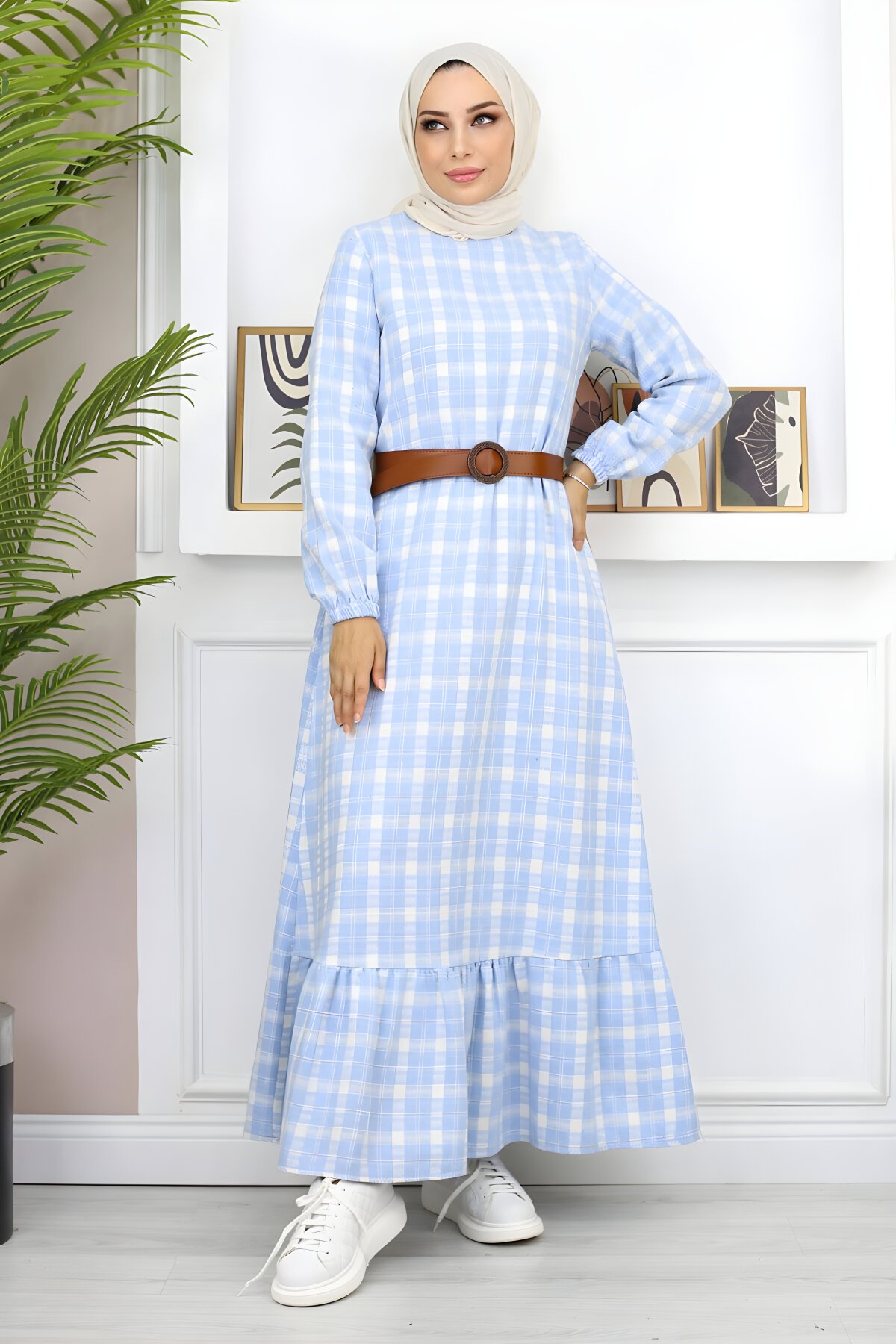 Mavi Desenli Fırfırlı Elbise