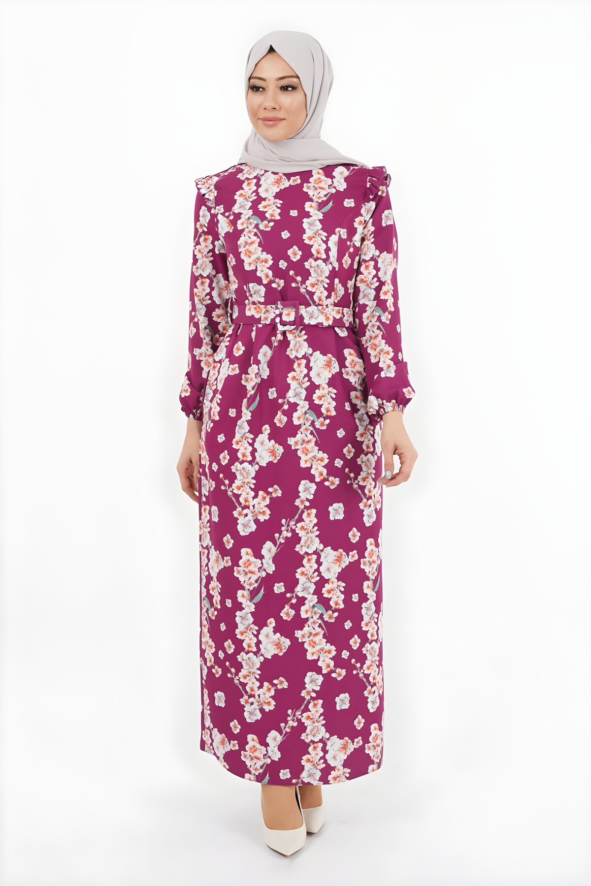 Pencil Floral Modest Dress - Plum - Modamihram