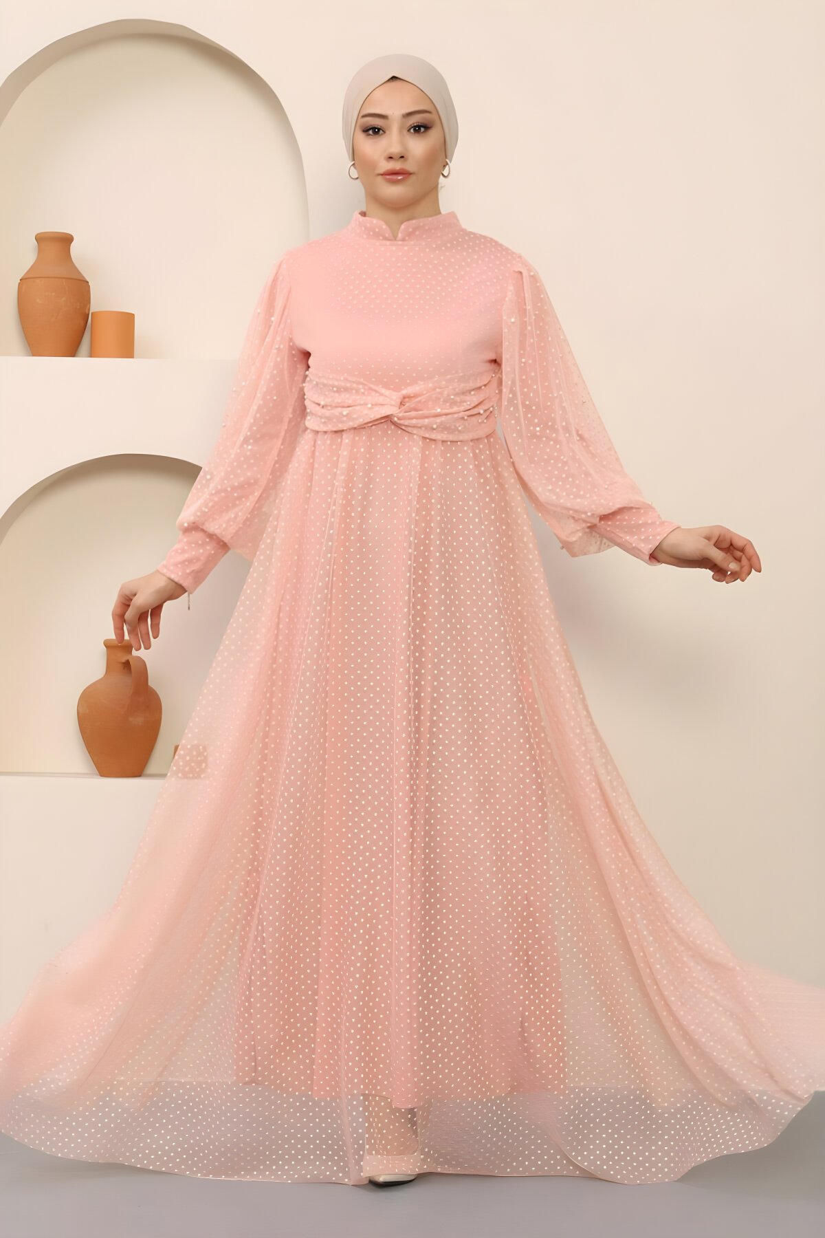 Pudra Tül İnci Detaylı Abiye Elbise