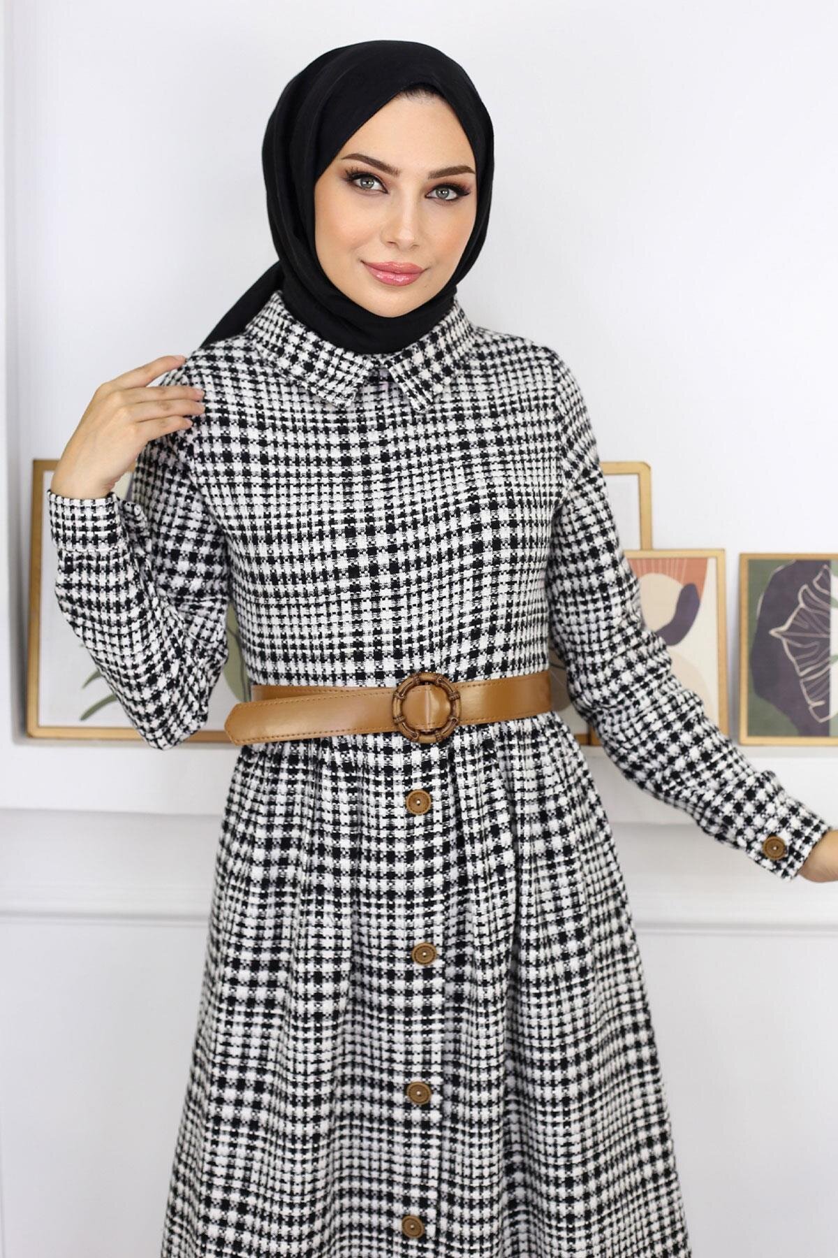 Modest Patterned Button Detail Dress - Black - Modamihram