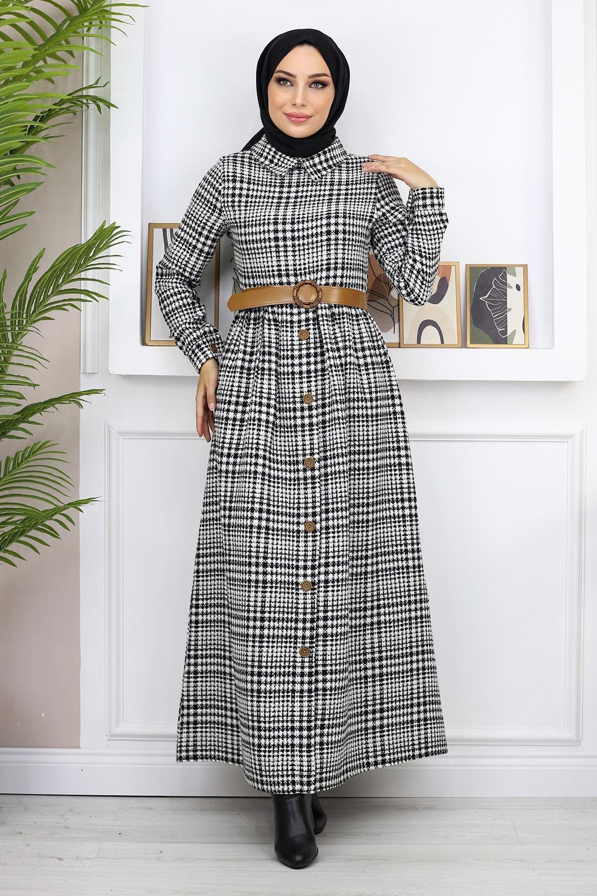 Modest Patterned Button Detail Dress - Black - Modamihram