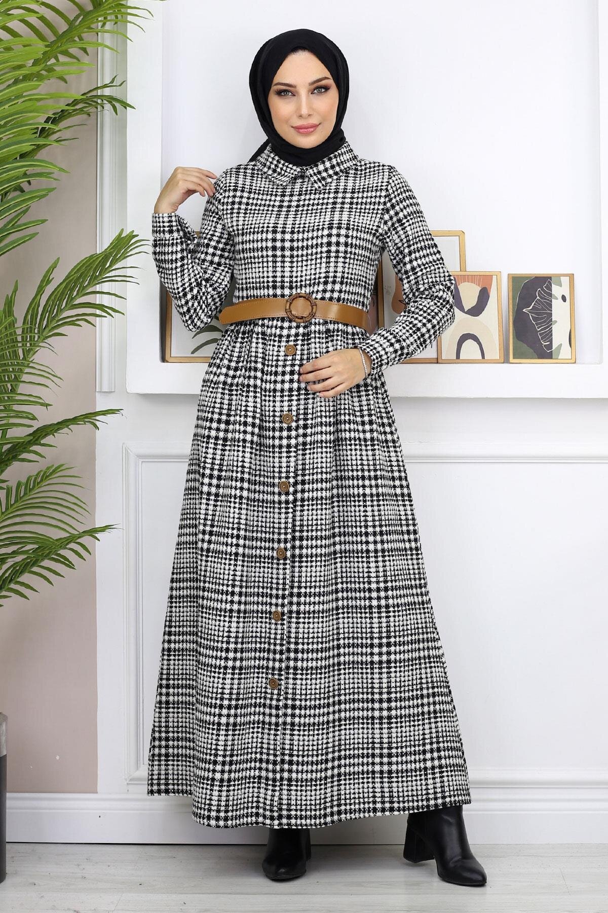 Modest Patterned Button Detail Dress - Black - Modamihram