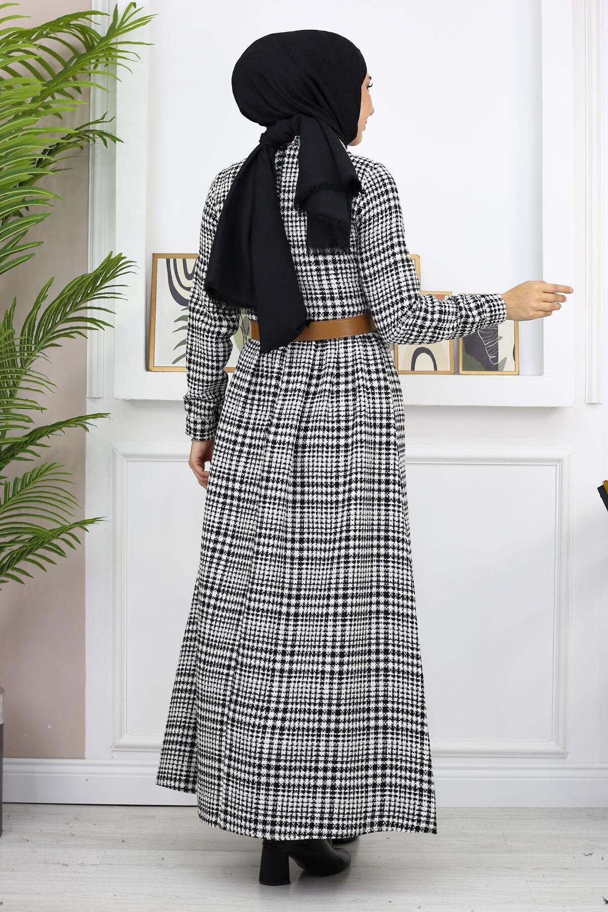 Modest Patterned Button Detail Dress - Black - Modamihram