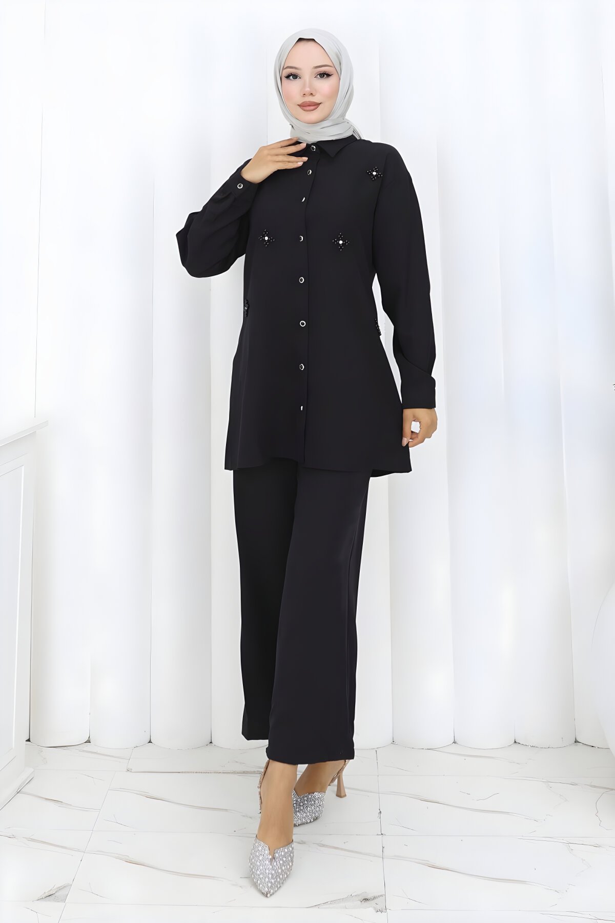 Siyah Minimal Taşlı İkili Takım