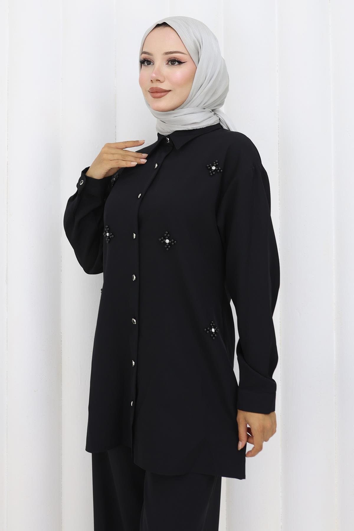 Modest Minimal Stone-Detailed Two-Piece Set - Black - Modamihram