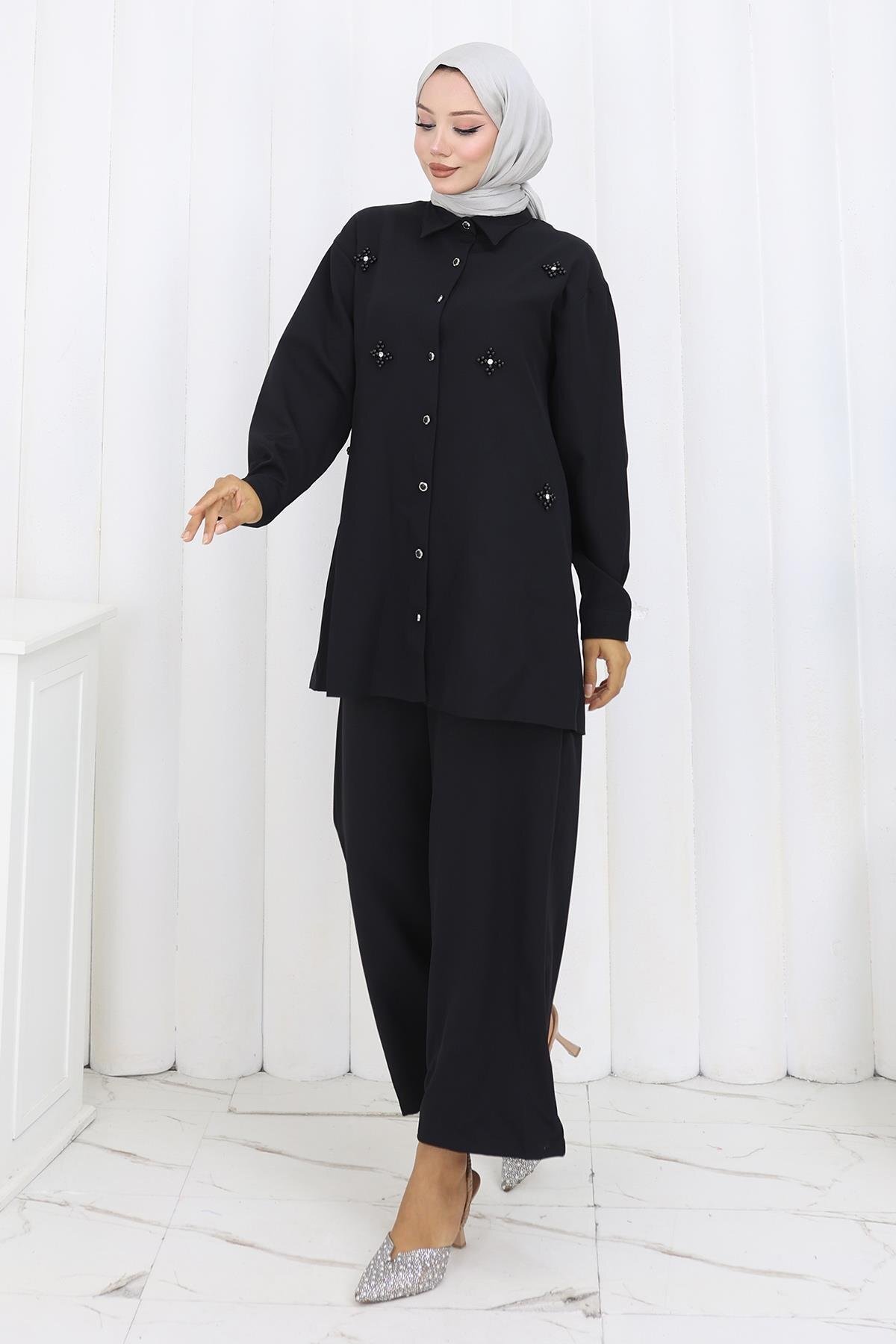 Modest Minimal Stone-Detailed Two-Piece Set - Black - Modamihram