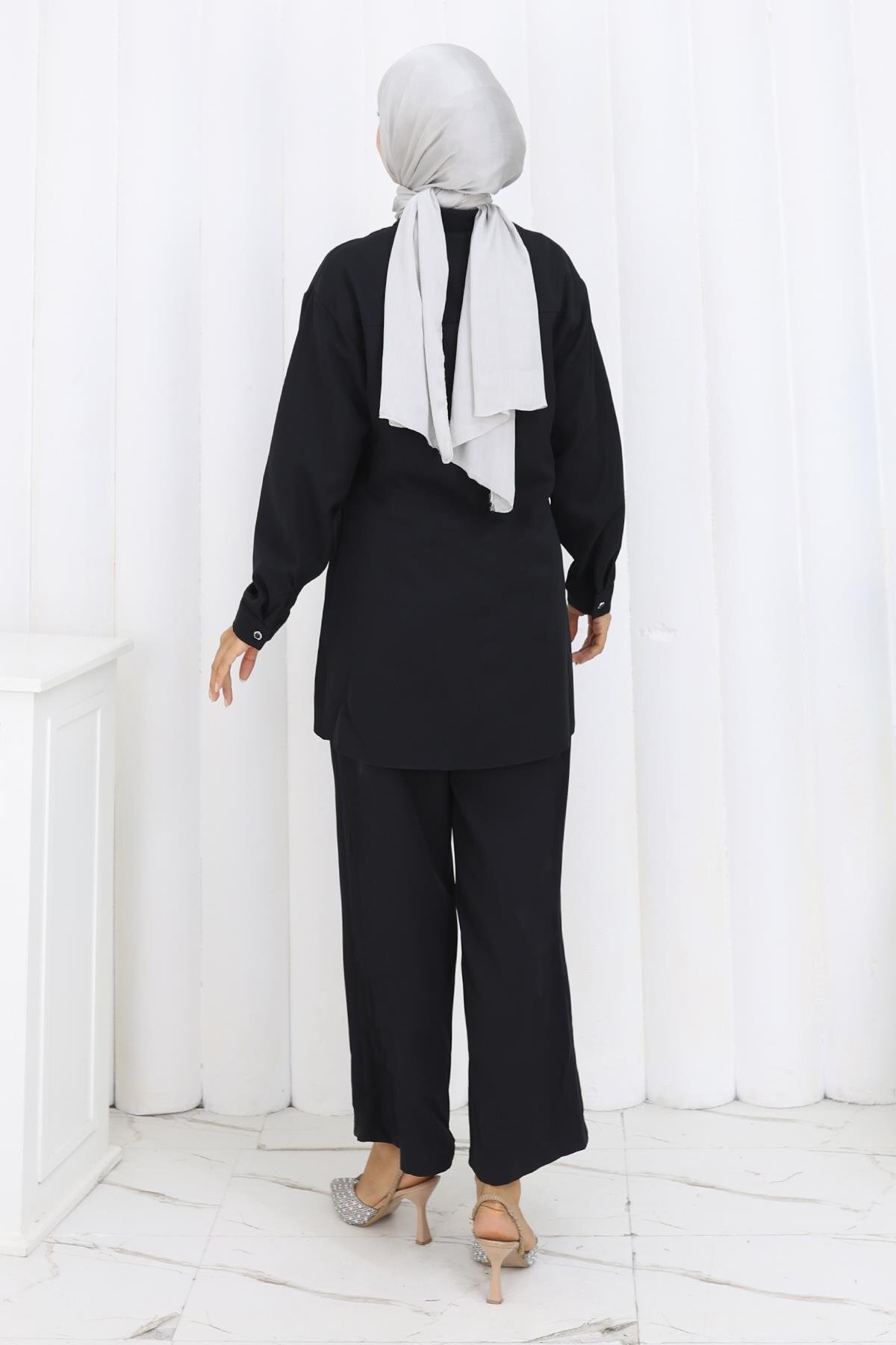 Modest Minimal Stone-Detailed Two-Piece Set - Black - Modamihram