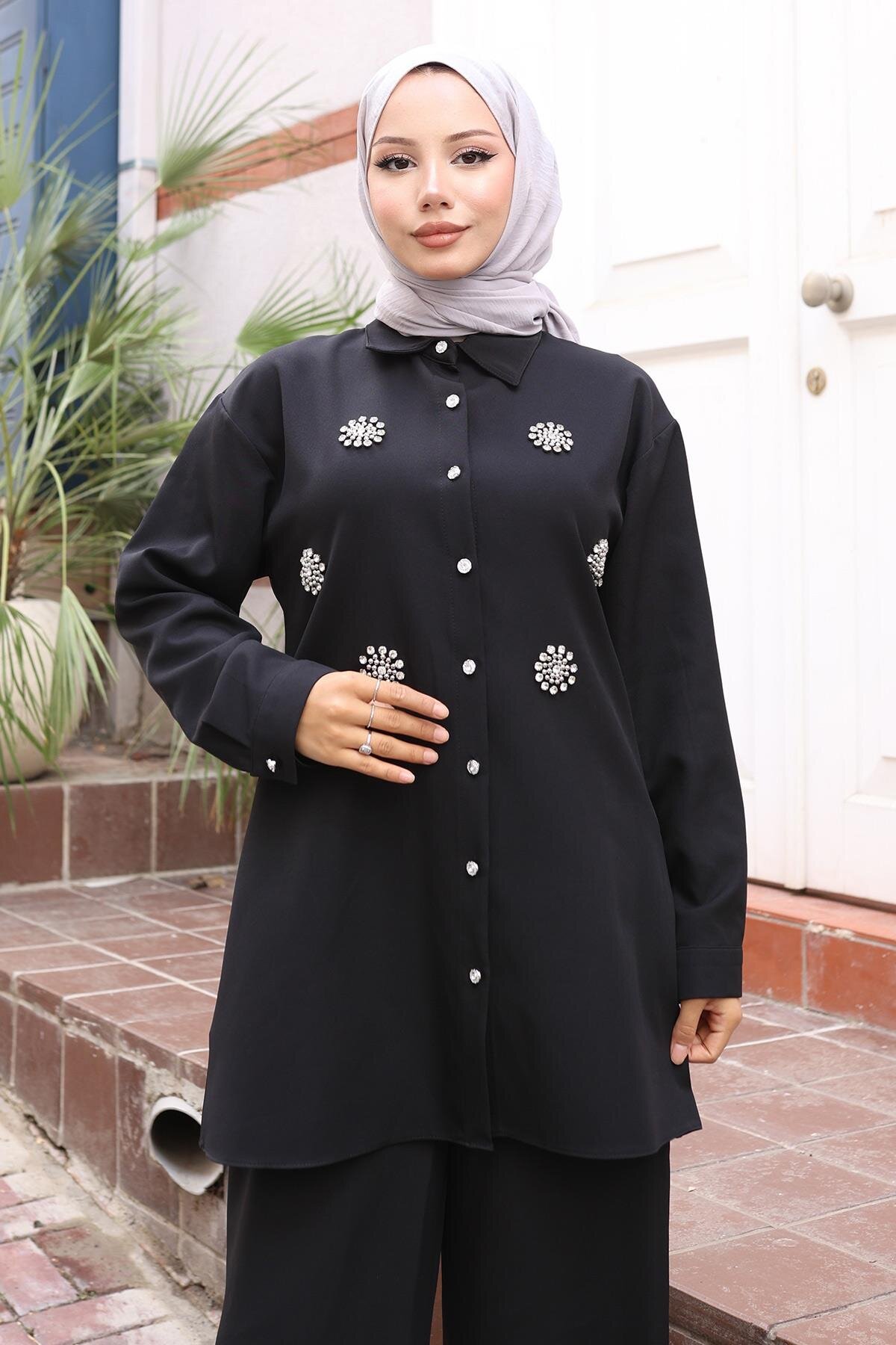 Modest Sparkle Stone Detailed Two-Piece Set - Black - Modamihram