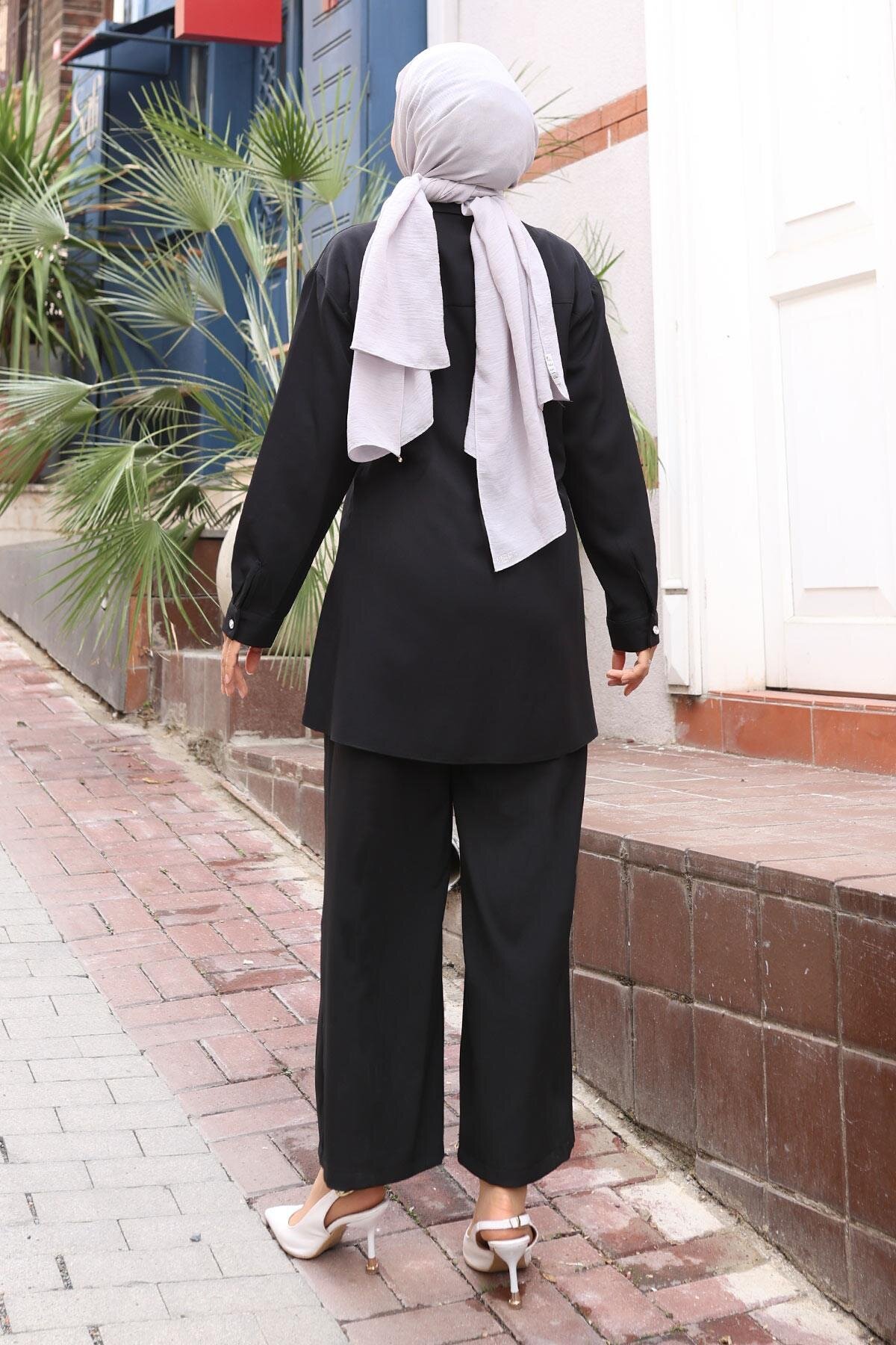 Modest Sparkle Stone Detailed Two-Piece Set - Black - Modamihram