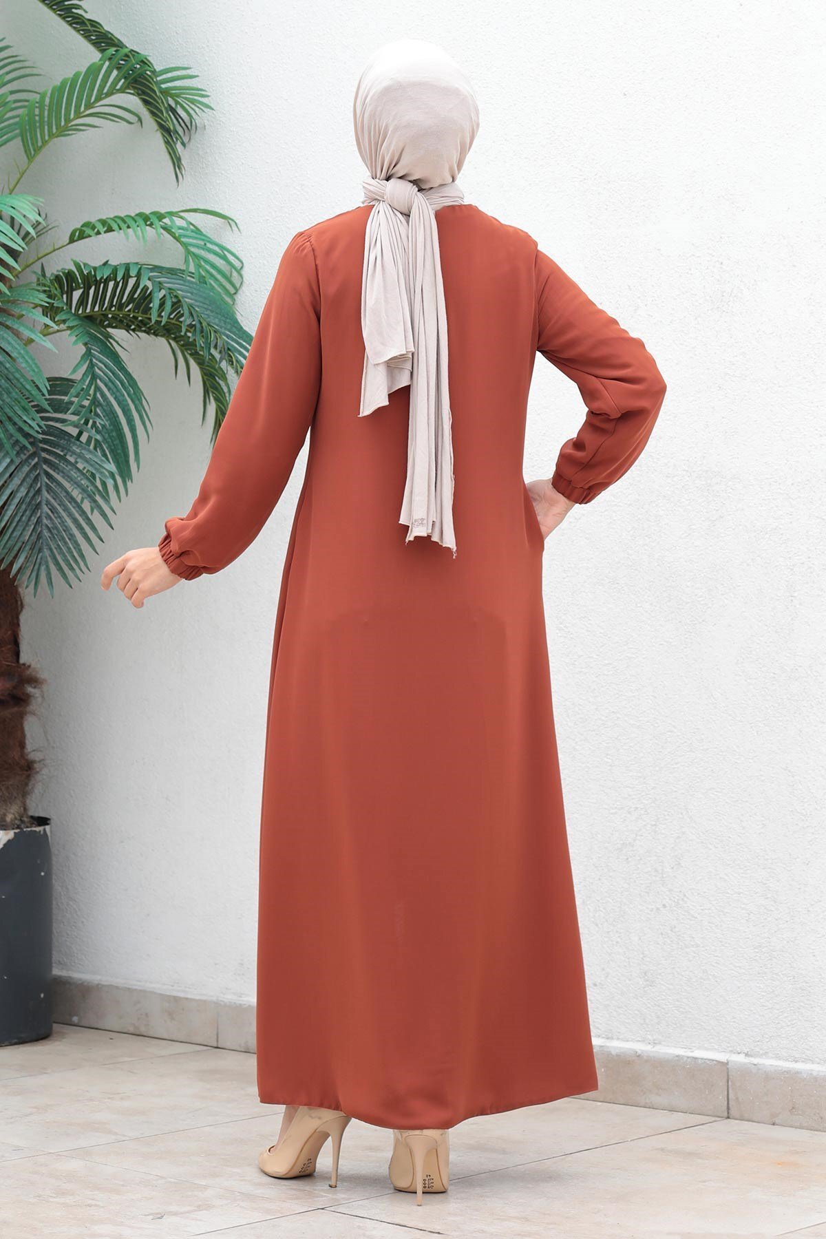 Patterned Chiffon Zippered Abaya - Salmon - Modamihram
