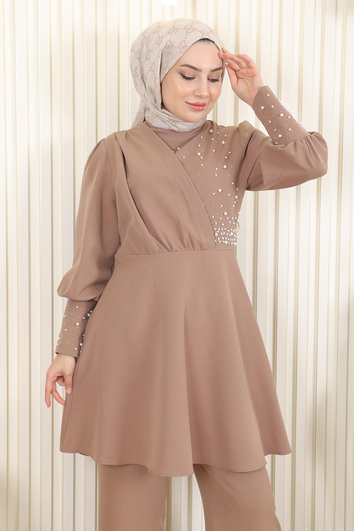 Two-Piece Pearl-Detailed Modest Set - Mink - Modamihram