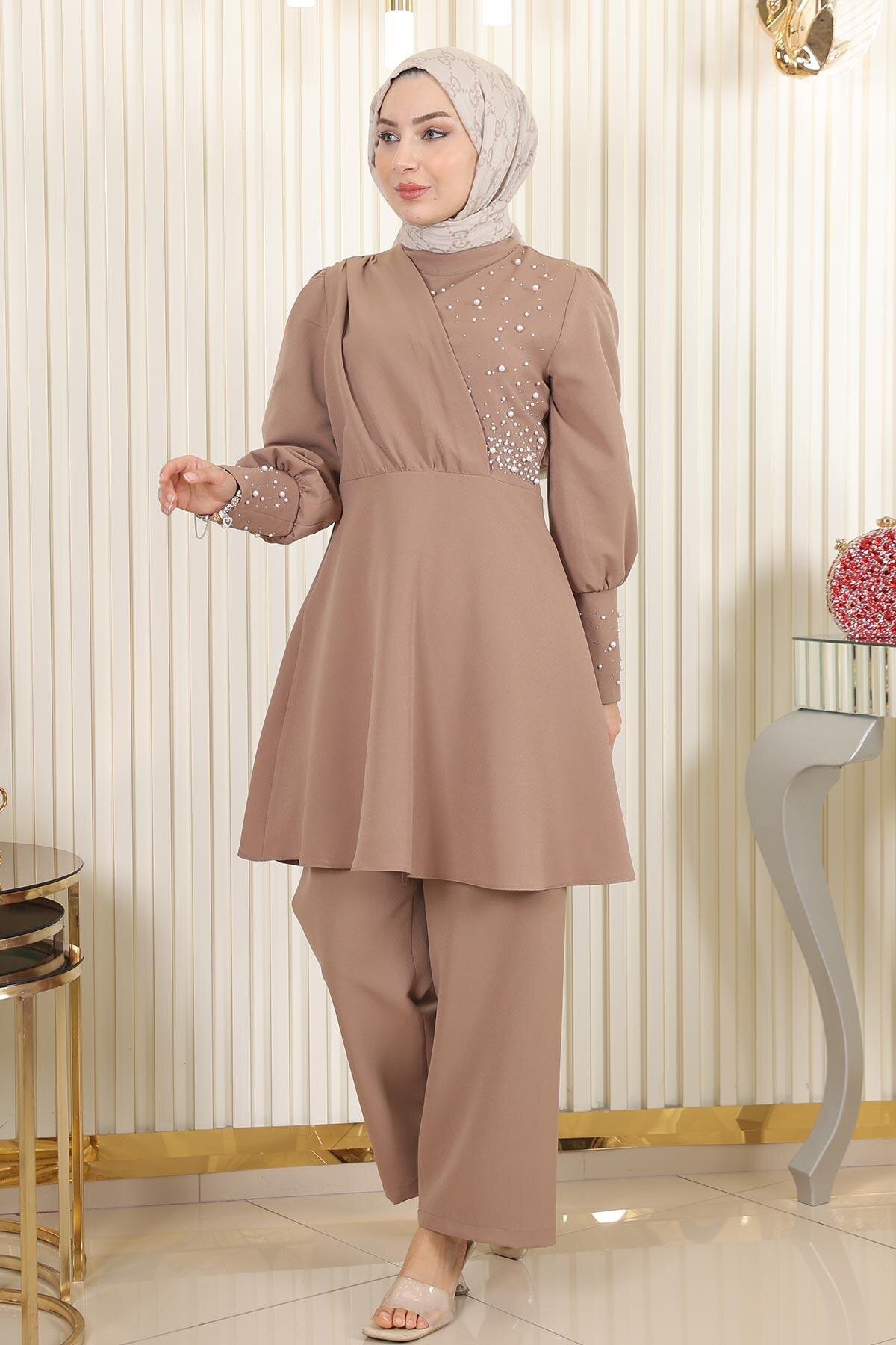 Two-Piece Pearl-Detailed Modest Set - Mink - Modamihram