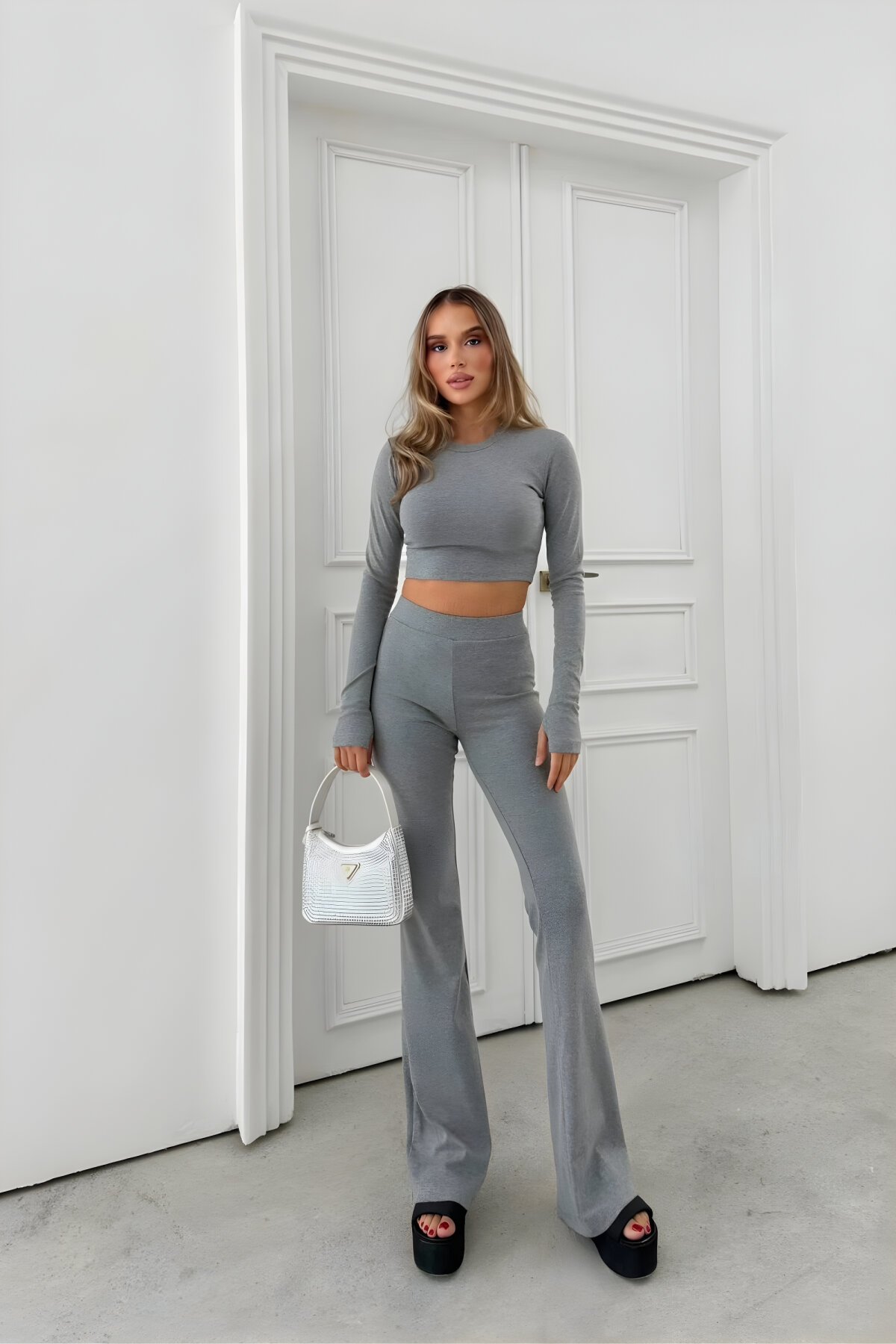 Antrasit Bisiklet Yaka İspanyol Paça Parmak Geçmeli Bluz Ve Tayt İkili Takım - MOZENA