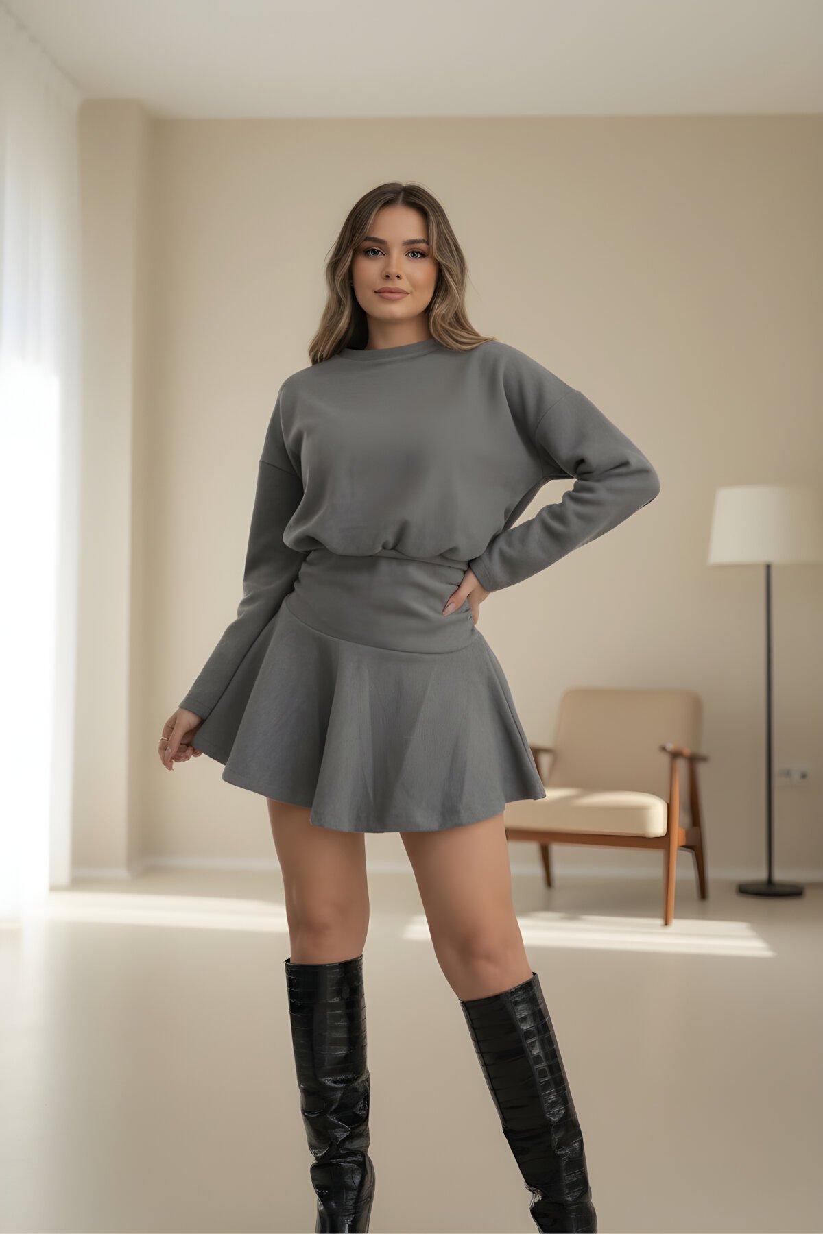 Antrasit Mini Bisiklet Yaka Büzgülü Selanik Kumaş Elbise - MOZENA