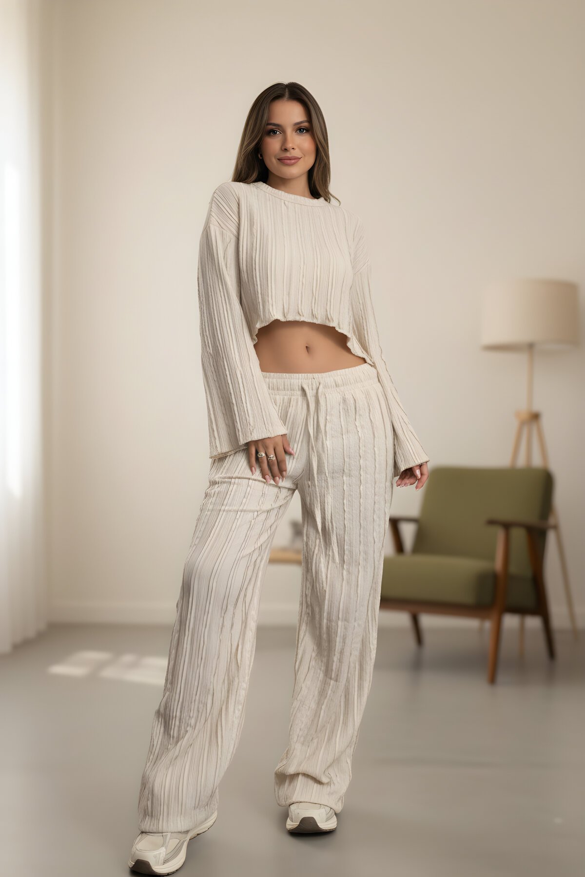 Bej İspanyol Kol Crop Ters Dikiş Pantolon İkili Takım - MOZENA